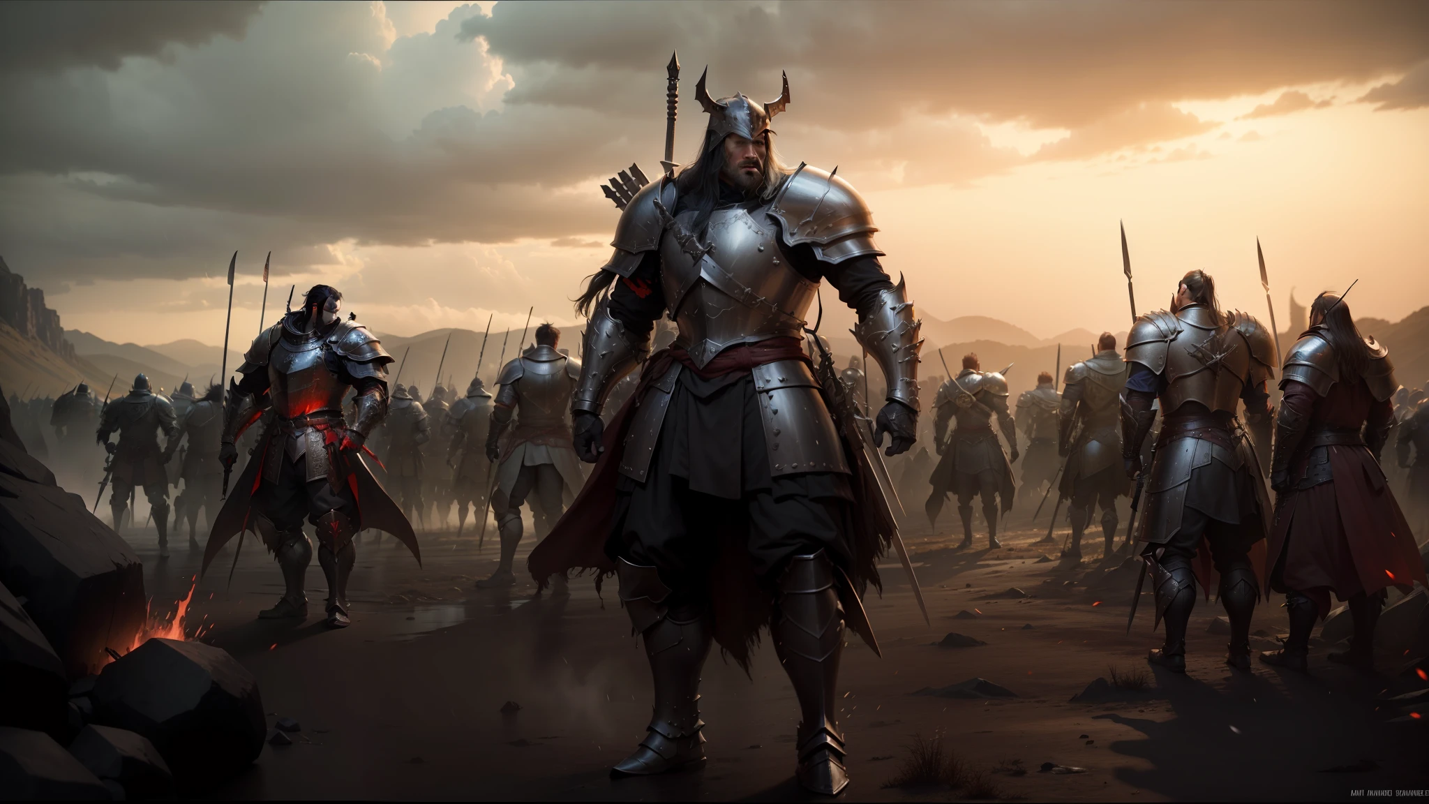 arafed image of a group of men in armor with swords, cinematic widescreen shot, by Karel Havlíček, rows of razor sharp teeth, 3d cinematic lighting, inspired by István Szőnyi, rain of blood, standing on the field of battle, by Ivan Meštrović, orcs, promotional render