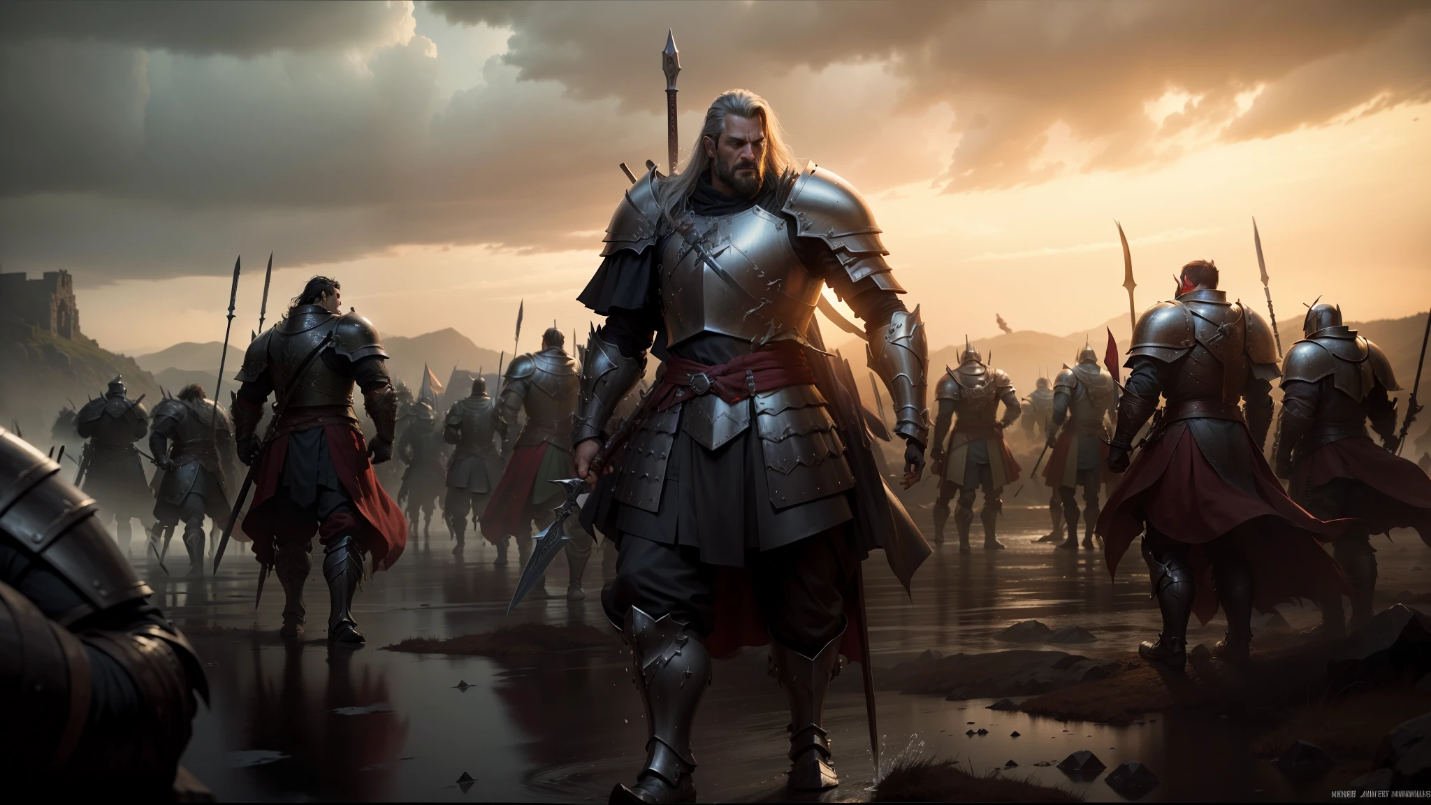 arafed image of a group of men in armor with swords, cinematic widescreen shot, by Karel Havlíček, rows of razor sharp teeth, 3d cinematic lighting, inspired by István Szőnyi, rain of blood, standing on the field of battle, by Ivan Meštrović, orcs, promotional render