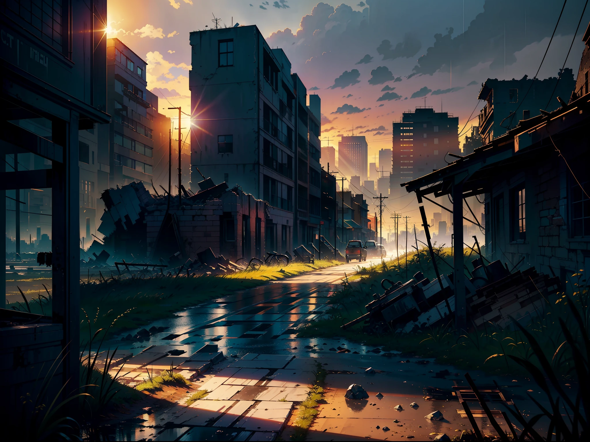 ((Best Quality)), ((Masterpiece)), ((Ink)), Jim Lee's majestic and intricate soft oil painting, (Landscape photo of the rainy city of post-apocalyptic ruins: 1.2), dusty gravel, desolate, scorching sun, sunset, gloomy, (backlight: 1.3), high resolution, depth of field, (deep shadow: 1.2), high detail, sharp focus, smooth, rough, real life, backlit, realism, photography, film Void Movie Stills|
