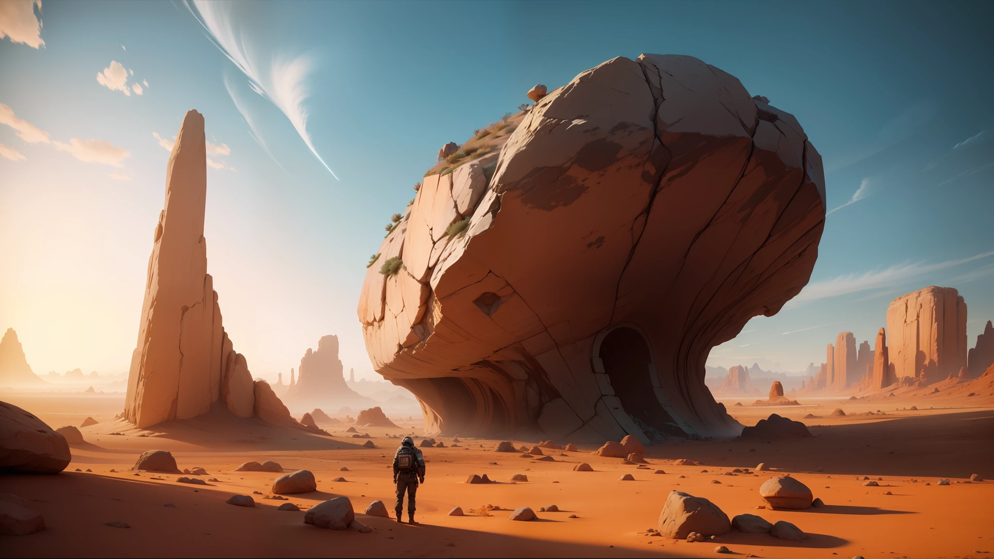there is a large rock in the middle of a desert, unreal engine art, holding a pair of fans. unreal 5, thomas dubois, simulacrum of a space fungus, shutterstock contest winner, trending on unreal engine 5, inspired by Terry Oakes, cinemascope panorama, by Sam Dillemans, by Joe Sorren