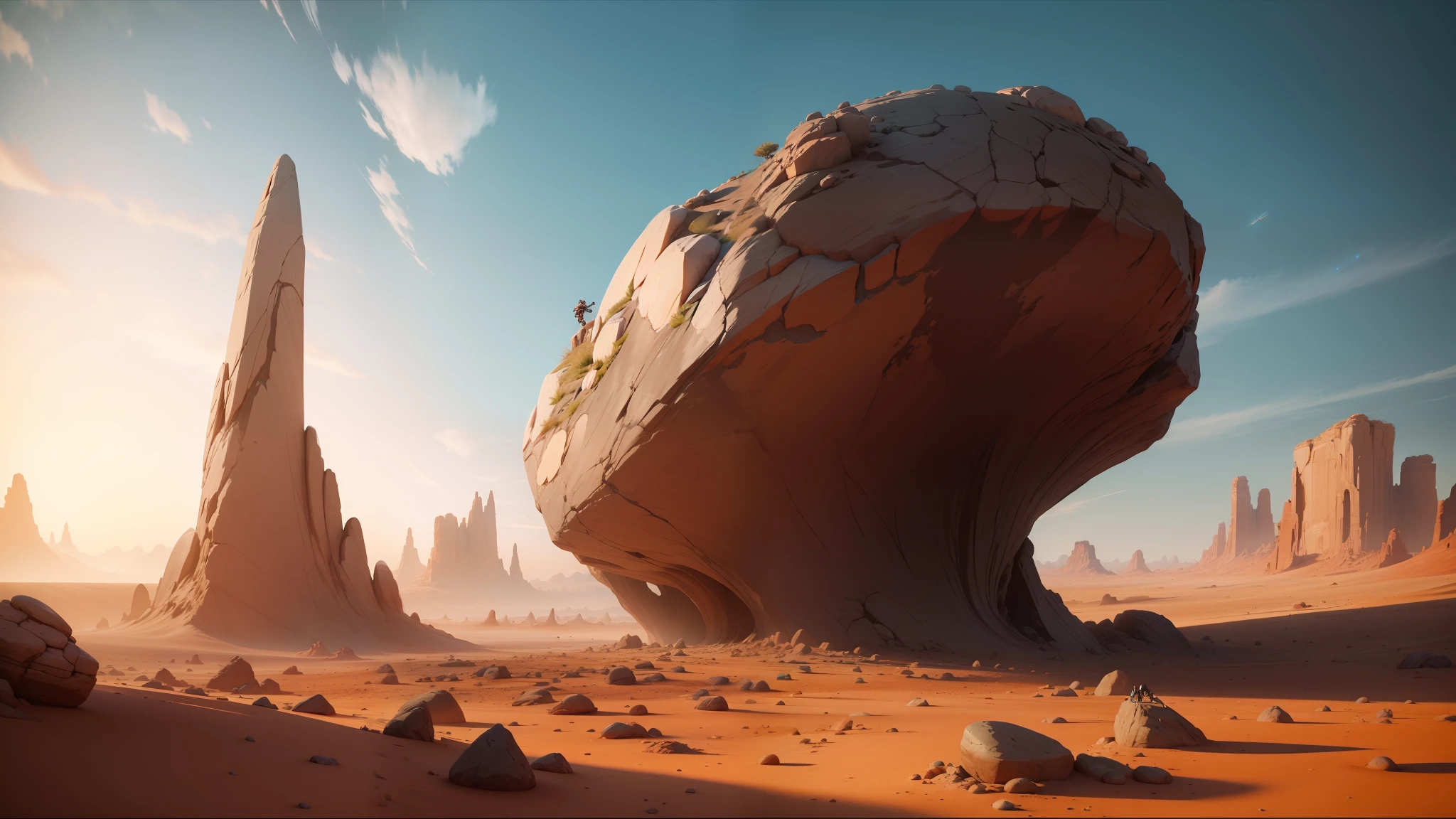 there is a large rock in the middle of a desert, unreal engine art, holding a pair of fans. unreal 5, thomas dubois, simulacrum of a space fungus, shutterstock contest winner, trending on unreal engine 5, inspired by Terry Oakes, cinemascope panorama, by Sam Dillemans, by Joe Sorren