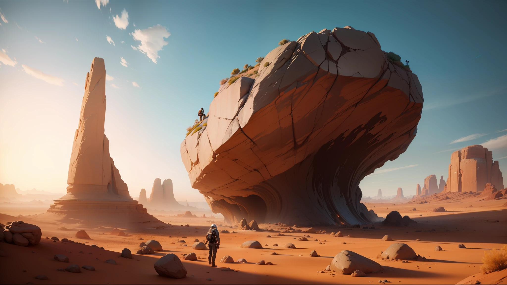 there is a large rock in the middle of a desert, unreal engine art, holding a pair of fans. unreal 5, thomas dubois, simulacrum of a space fungus, shutterstock contest winner, trending on unreal engine 5, inspired by Terry Oakes, cinemascope panorama, by Sam Dillemans, by Joe Sorren