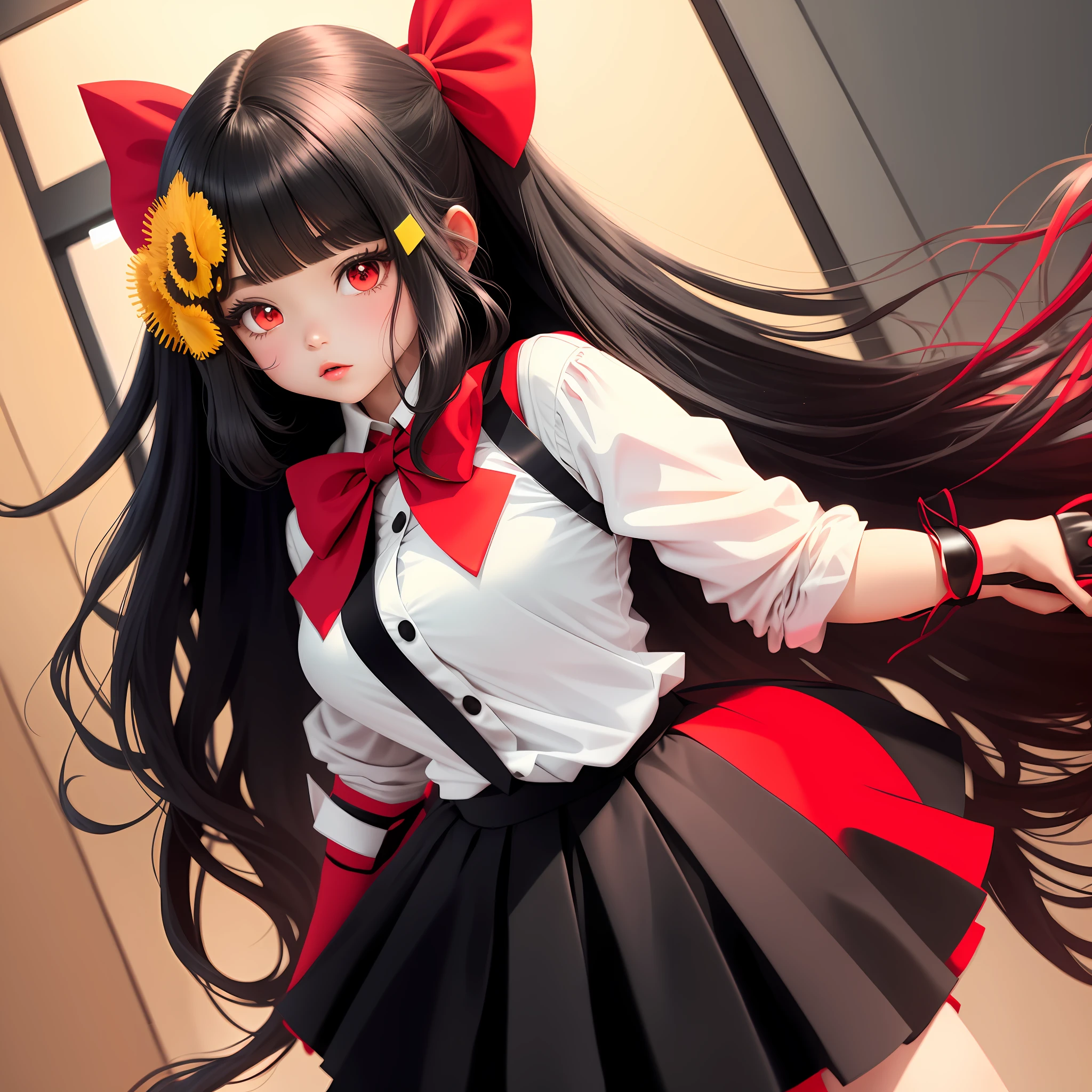 Black long hair anime girl in skirt and red bow tie, 8 0 s anime art style, big red bow in hair, bright colors, indoor, front