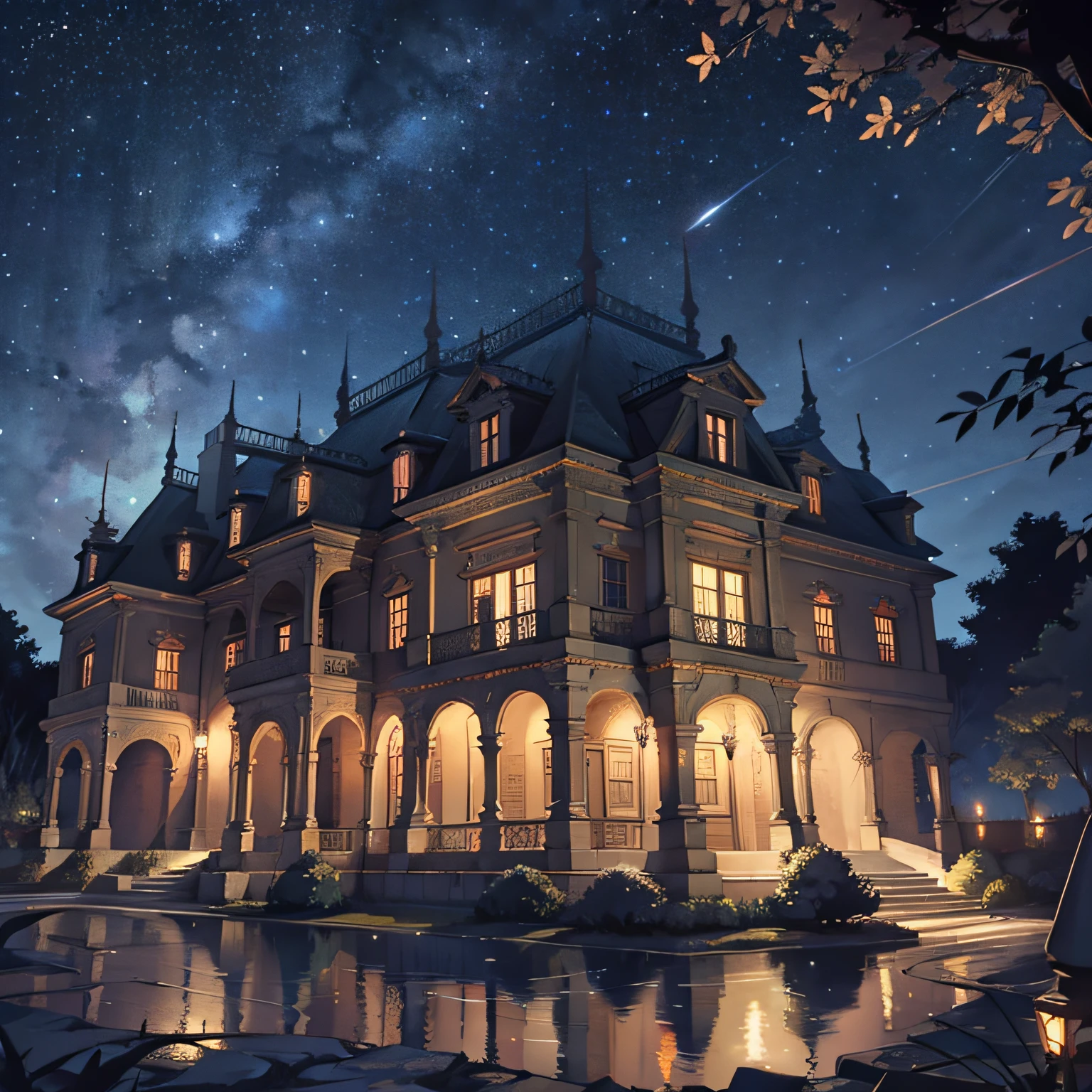 Baroque style mansion at night with fireflies and starry sky and the lights all on --auto --s2