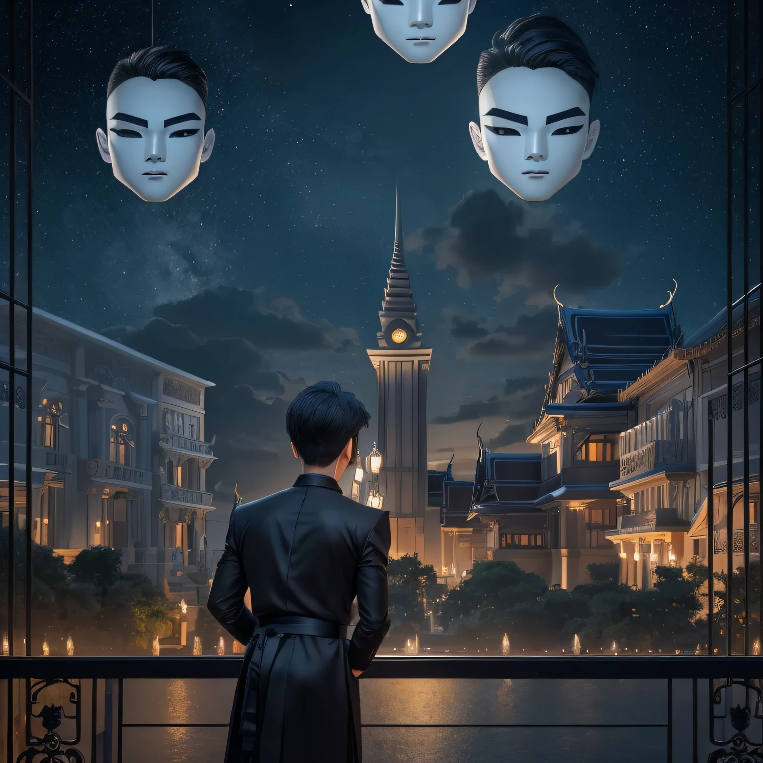 Create the image of a young boy of 20 years, Thai, handsome, who has silver and bright eyes, he is a sorcerer, from the narix up he wears a black mask and wears black gala clothes, behind him, rising in the night, has a Victorian mansion of stone. NIGHT SCENE --auto --s2