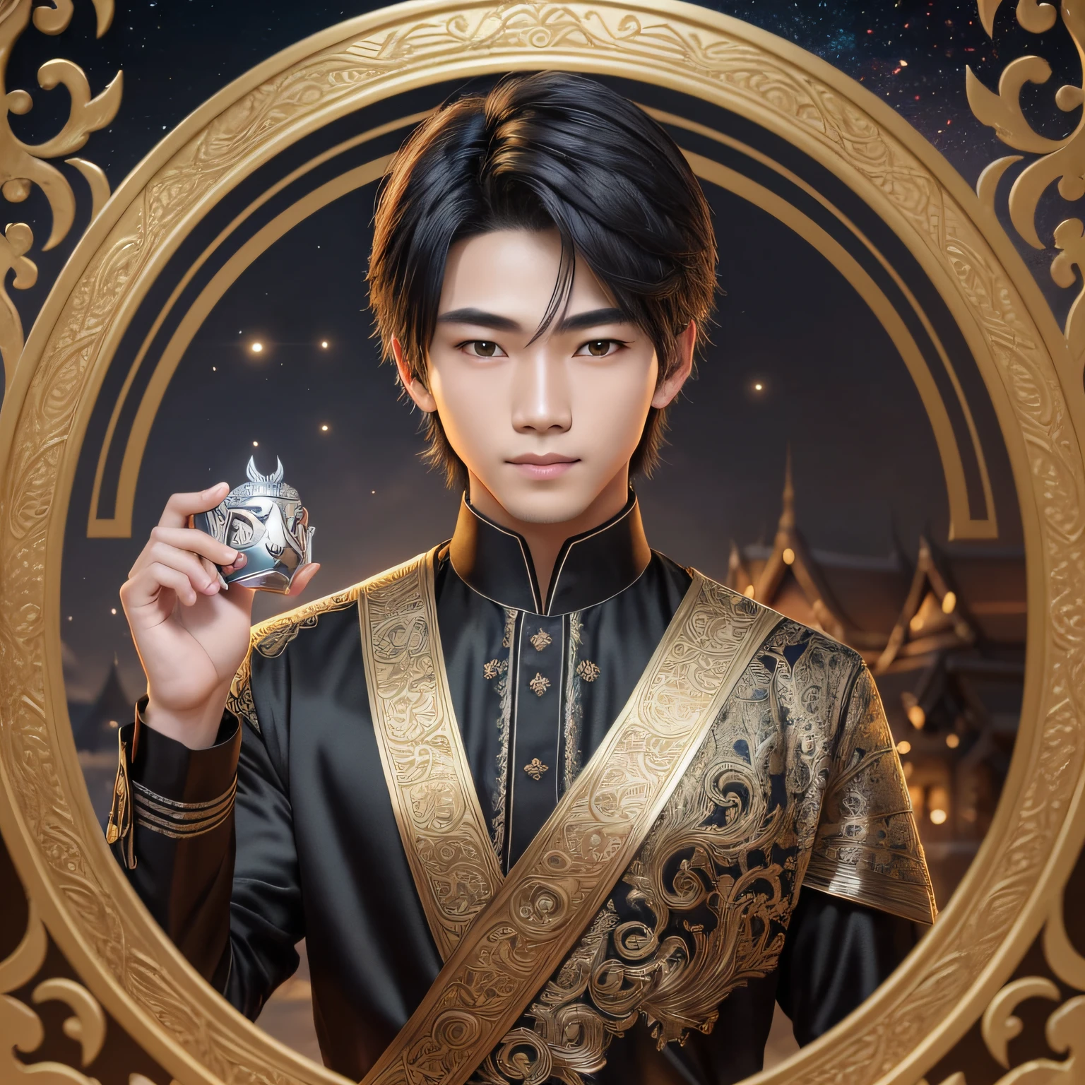 Create the image of a young boy of 20 years, Thai, handsome, who has silver and bright eyes, he is a sorcerer, from the narix up he wears a black mask and wears black gala clothes, behind him, rising in the night, has a Victorian mansion of stone. NIGHT SCENE --auto --s2