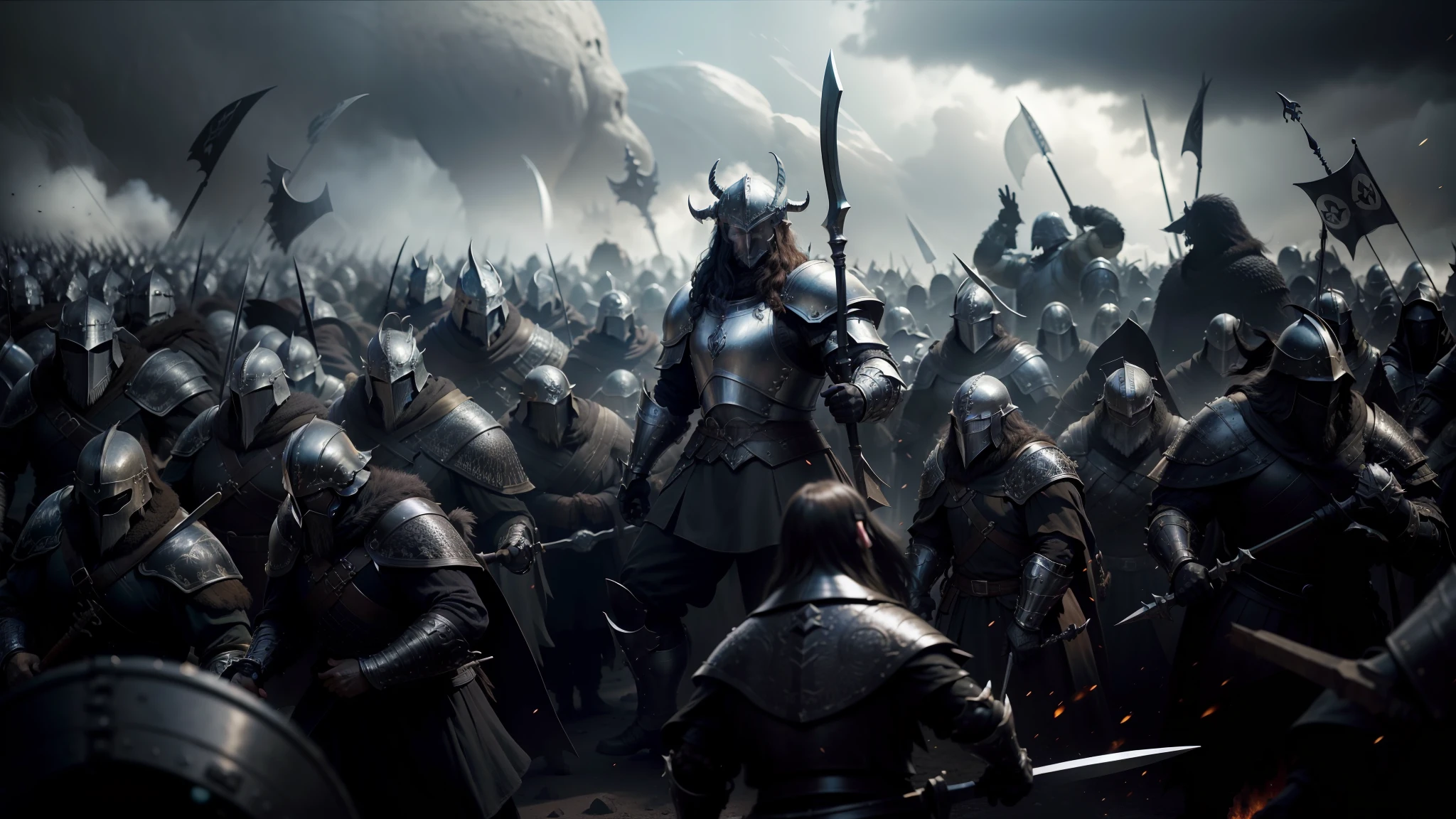 arafed image of a large group of men in armor, still from lord of the rings, spherical black helmets, styleframe, rows of razor sharp teeth, scotland, pitchblack sky, below is the crowd, by John Laviers Wheatley, metallic shield, cinematic medium shot, from left, blender cycles, header, celtic norse frankish, bitcoin