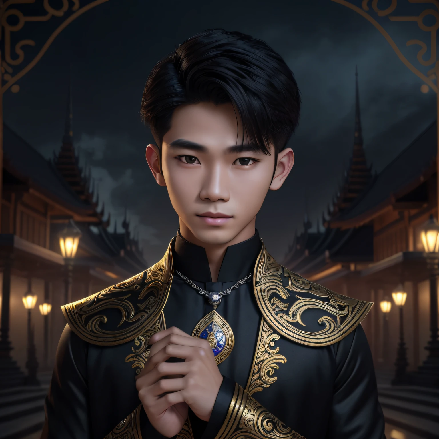 Create the image of a young boy of 20 years, Thai, handsome, who has silver and bright eyes, he is a sorcerer, from the narix up he wears a black mask and wears black gala clothes, behind him, rising in the night, has a Victorian mansion of stone. NIGHT SCENE 8k