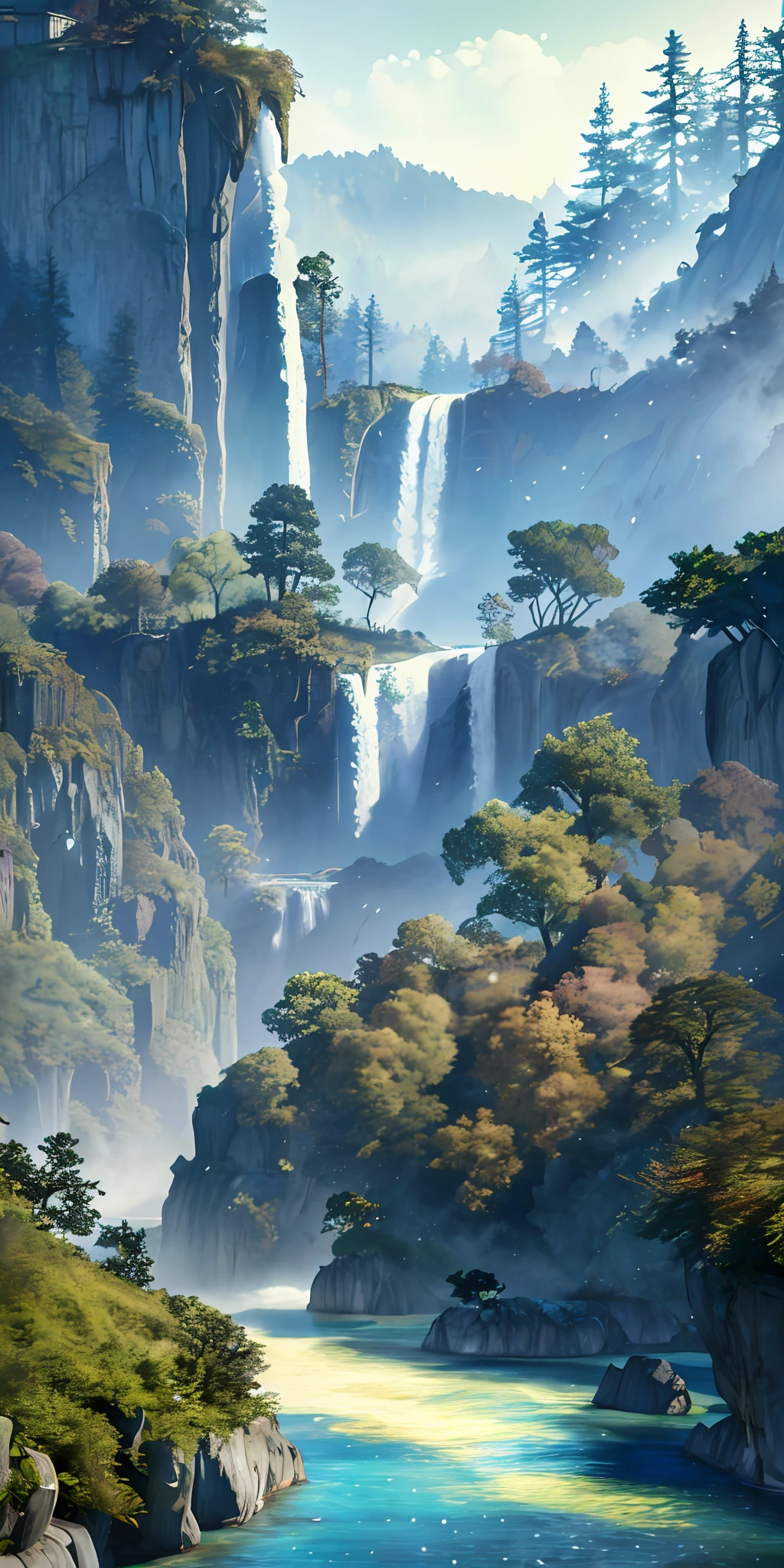 Analog style,ChromaV5,nvinkpunk,(extremely detailed CG unity 8k wallpaper),An image of a majestic river, trees on the sides, tiny waterfall, intense fog ,award winning photography, Chromatic Aberration, Detailed , HDR, Bloom, style by Monet, Pissarro, and Sisley ,trending on ArtStation, trending on CGSociety, art by midjourney