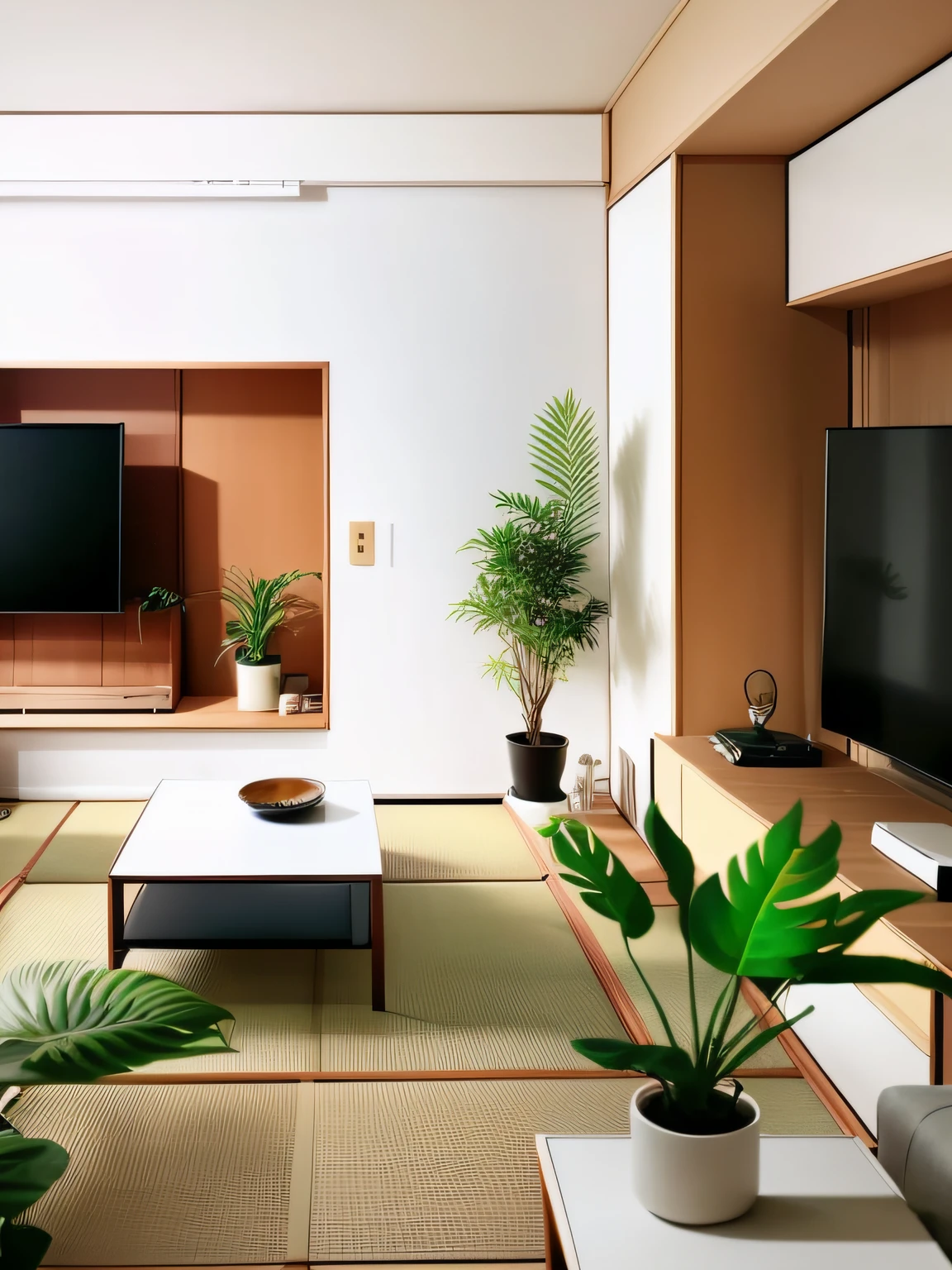 there is a living room with a couch, a tv, and a plant, in a japanese apartment, whole room, modern japanese living room, apartment design, living room, interior of room, minimalist and clean, interior living room, minimalist design, city apartment, 4 k!!!, 4 k ], 4k], lounge room, interior white wall, interior room