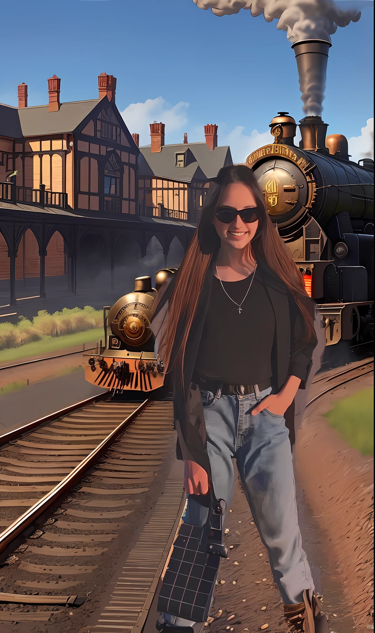 Fabulous fantastic steampunk station, steam locomotives, dragon