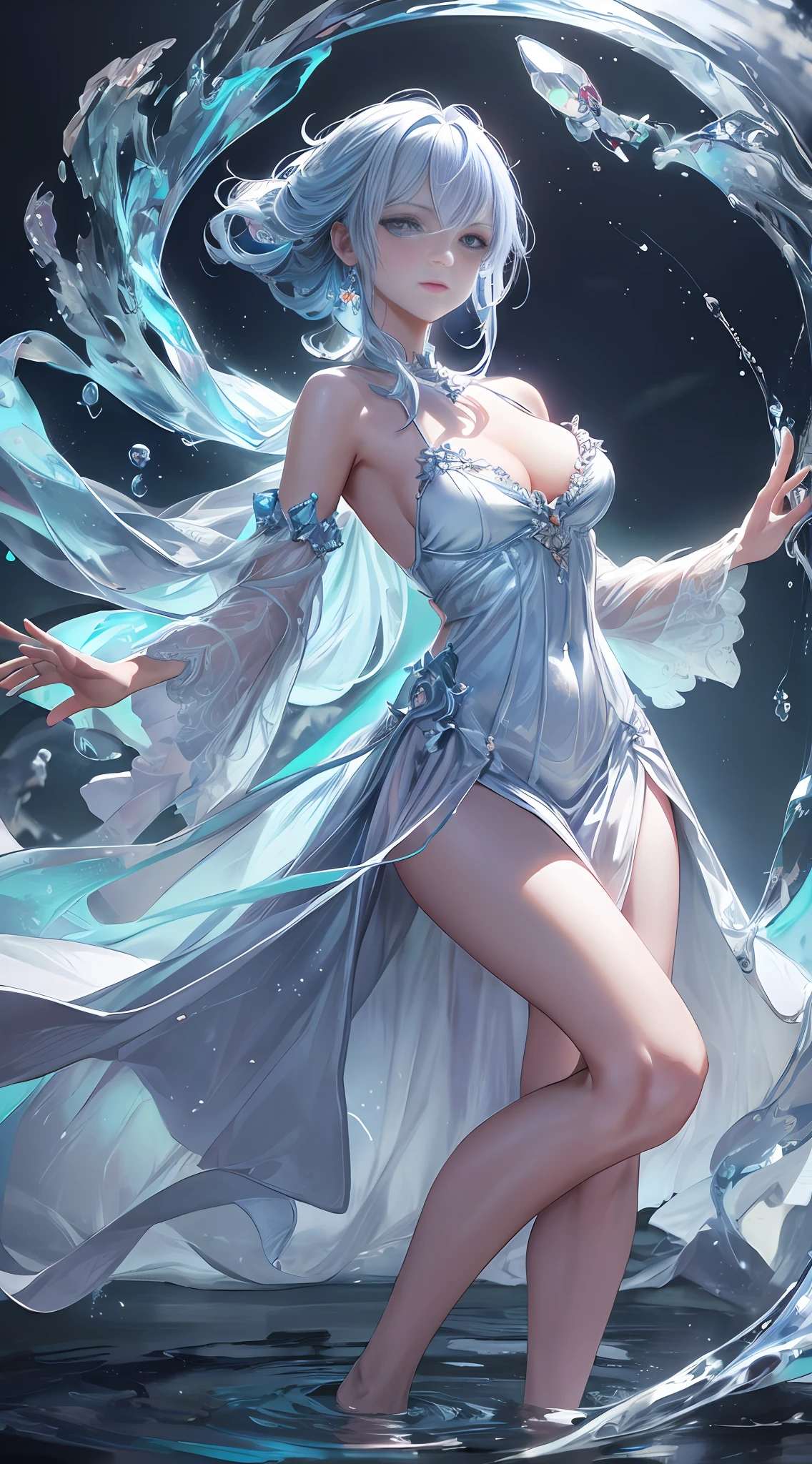 (Masterpiece, Top Quality, Best, Official Art, Beautiful and Aesthetic, Long Exposure: 1.2), Smooth Movement, Charming Patterns, 1 Girl, (No Cleavage: 1.4), (Long Dress with Sleeves: 1.3) , long blue dress, (small breasts: 1.2), bare shoulders, adult Russian woman, freckles, white lob hair, portrait, solo, upper body, looking at the observer, detailed background, detailed face, (crystallineAI, crystalline theme: 1.1 ), elemental water sprite, spinning water, controlling water, diamond clothes, dynamic pose, floating particles, ethereal dynamics, water, vapor, ocean in background, blue tint, coast, ethereal atmosphere,