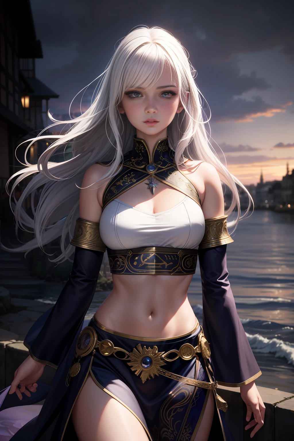 realistic, 1girl, delicate features, stunning beautiful, white hair, purple eyes, glowing eyes, (elven:0.4), crop top, skirt, slits, parted lips, blush, night, sun, sunlight, shore, waves, medieval town, sky at night