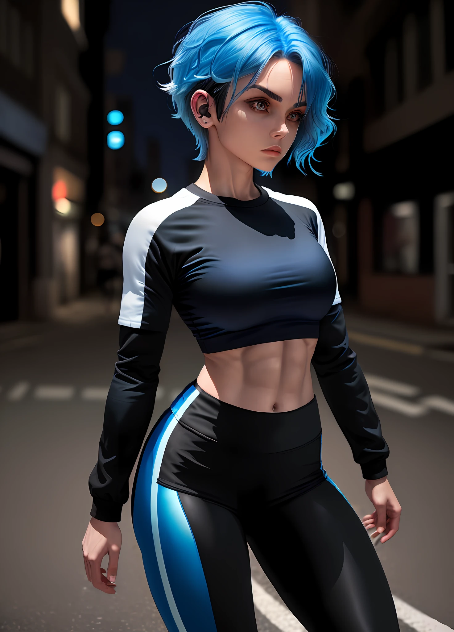 Woman , ((muscle , blue hair, short hair long front locks Wavy)) , ((Black Cropped Long Sleeve Tee with Sport Leggings & White Sneakers )), night , ((background Street city , light))