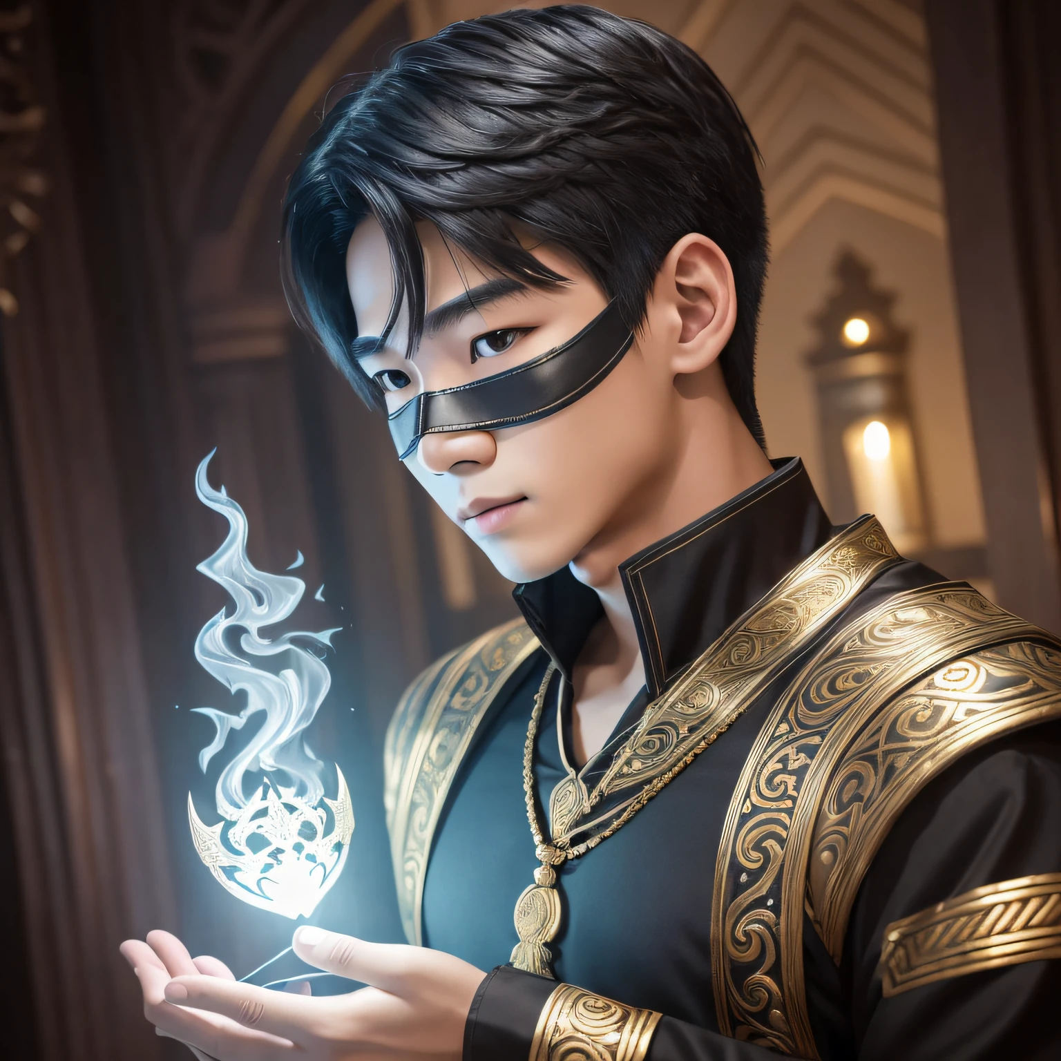 Create the image of a young boy of 20 years, Thai, handsome, who has silver and bright eyes, he is a sorcerer, from the narix up he wears a black mask and wears black gala clothes, behind him, rising in the night, has a Victorian mansion of stone. NIGHT SCENE