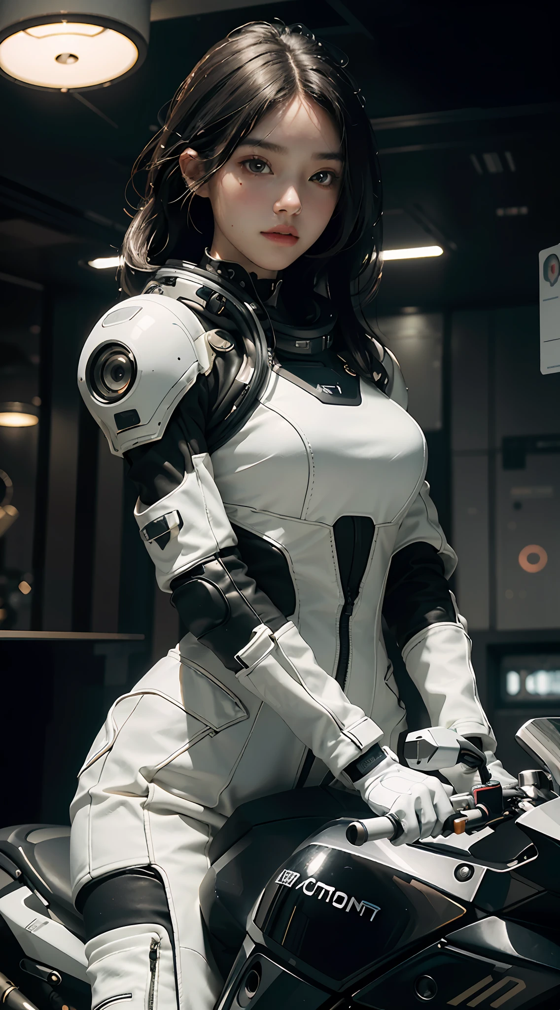 Highest image quality, outstanding details, ultra-high resolution, (realism: 1.4), the best illustration, favor details, highly condensed 1girl, with a delicate and beautiful face, dressed in a black and white full futuristic spacesuit, holding a directional controller, on a motorcycle, the background is a high-tech lighting scene of the future city.