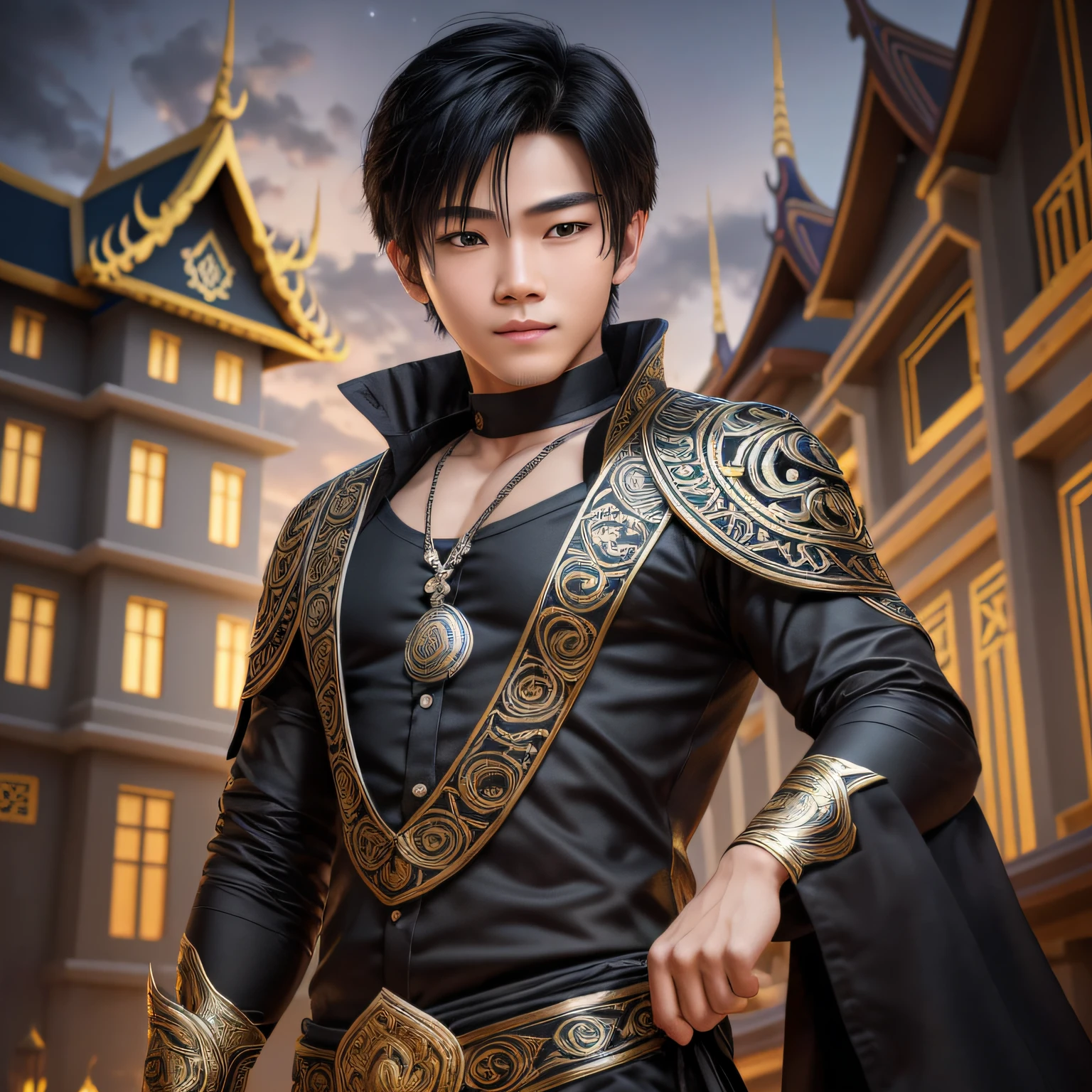 Create the image of a young boy of 20 years, Thai, handsome, who has silver and bright eyes, he is a sorcerer, from the narix up he wears a black mask and wears black gala clothes, behind him, rising in the night, has a Victorian mansion of stone. NIGHT SCENE