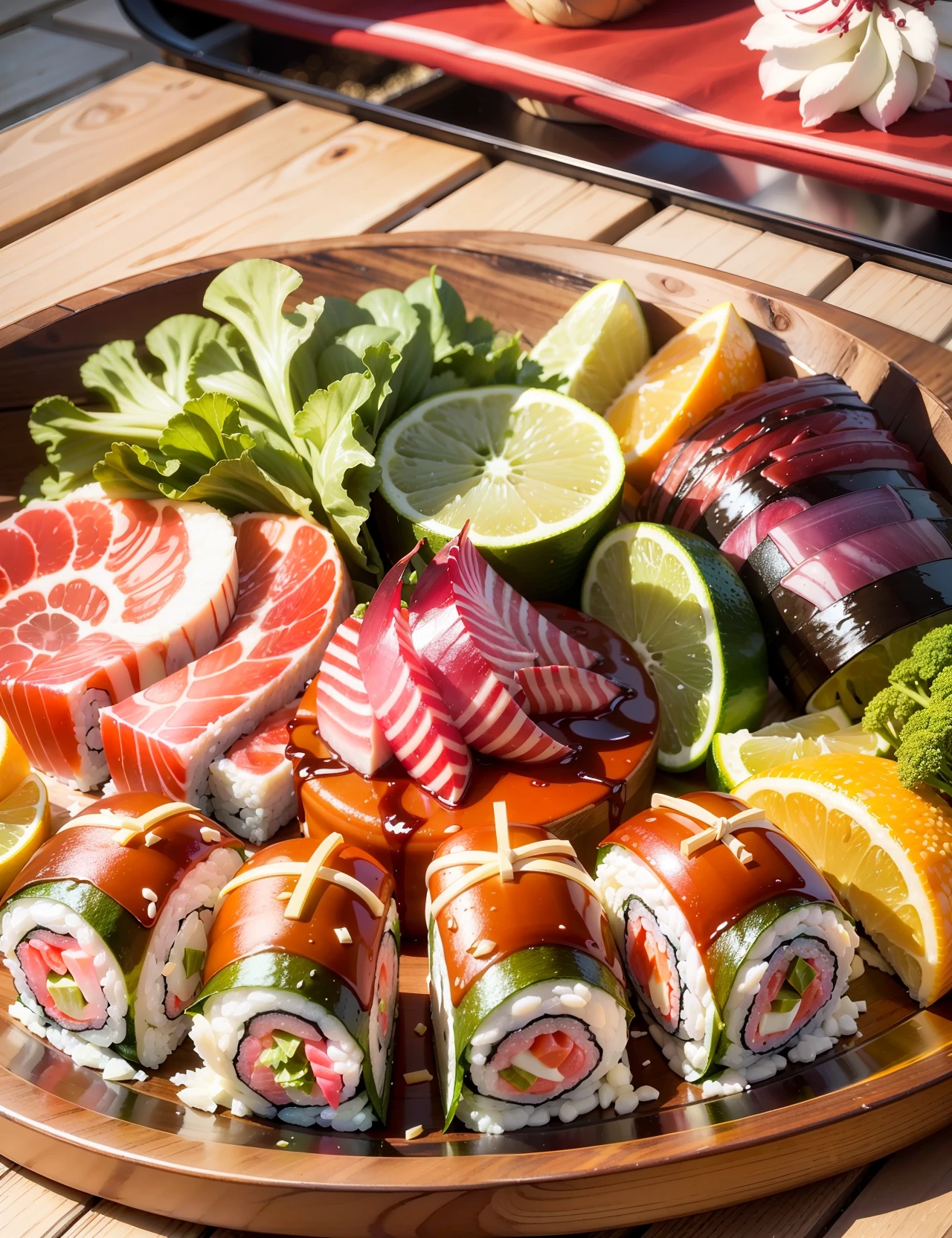 Vibrant colors, glossy textures, steam:0.3, tantalizing aroma:0.2. Canon DSLR RAW gourmet still life of (sushi platter, homemade pasta, barbecue grill, fresh salad, dessert selection)1.3. Styled on a (rustic wooden table, modern white countertop, outdoor picnic blanket, elegant dining table, cozy kitchen setting)1.2. Soft, inviting lighting highlighting the (fresh ingredients, careful presentation, rich colors, enticing textures, culinary mastery)1.3. A feast for the eyes, invoking a multisensory dining experience.