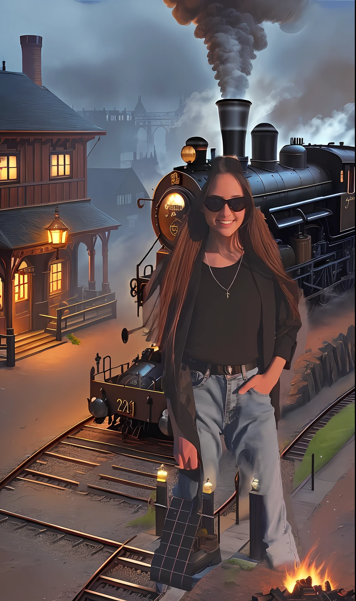 Fabulous fantastic steampunk station, steam locomotives, dragon