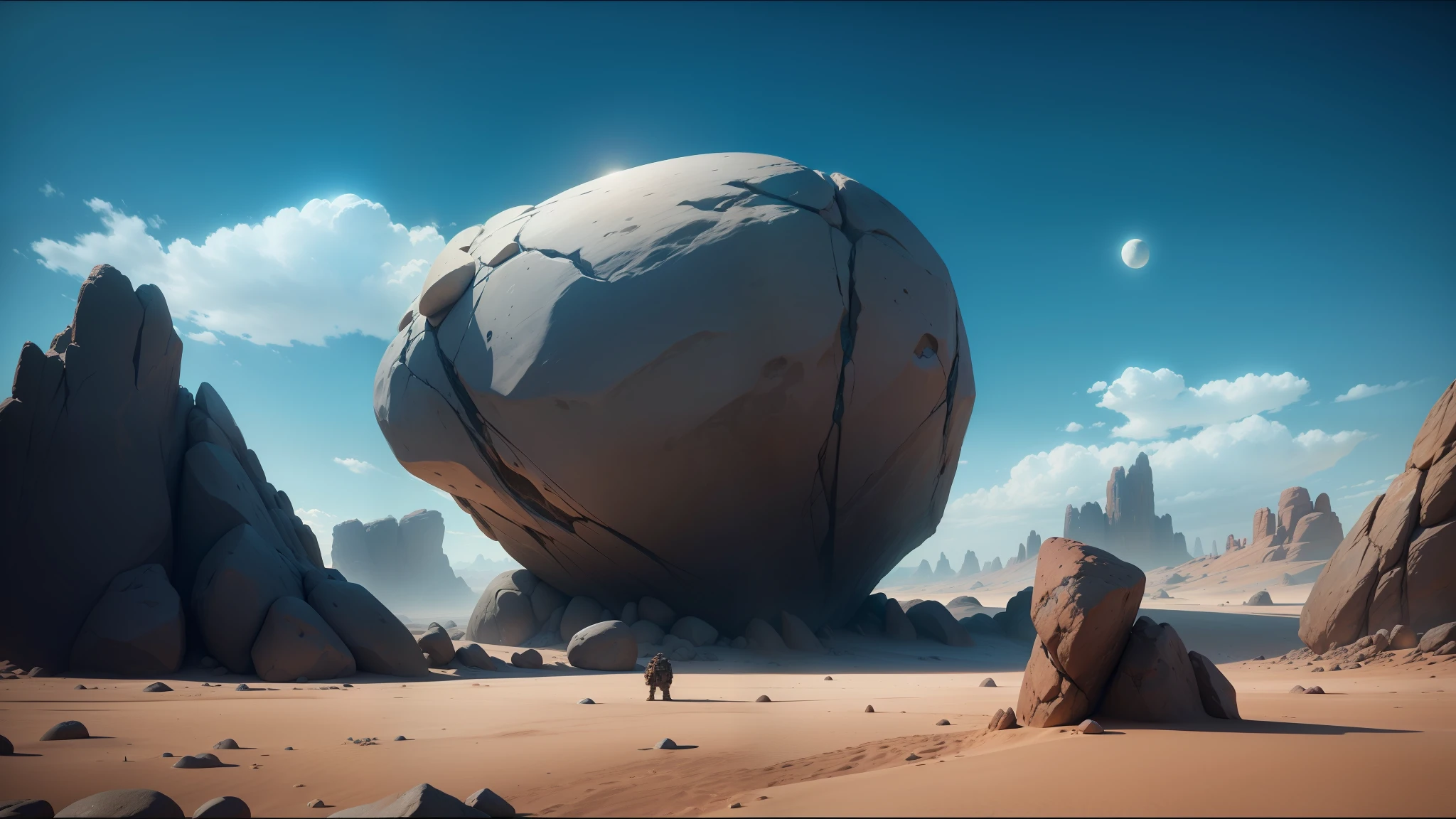 there is a large rock in the middle of a desert, unreal engine art, inspired by Hovsep Pushman, still from a music video, dune (2021), the artist has used bright, surreal clouds, boulders, two moons, inspired by Jozef Israëls