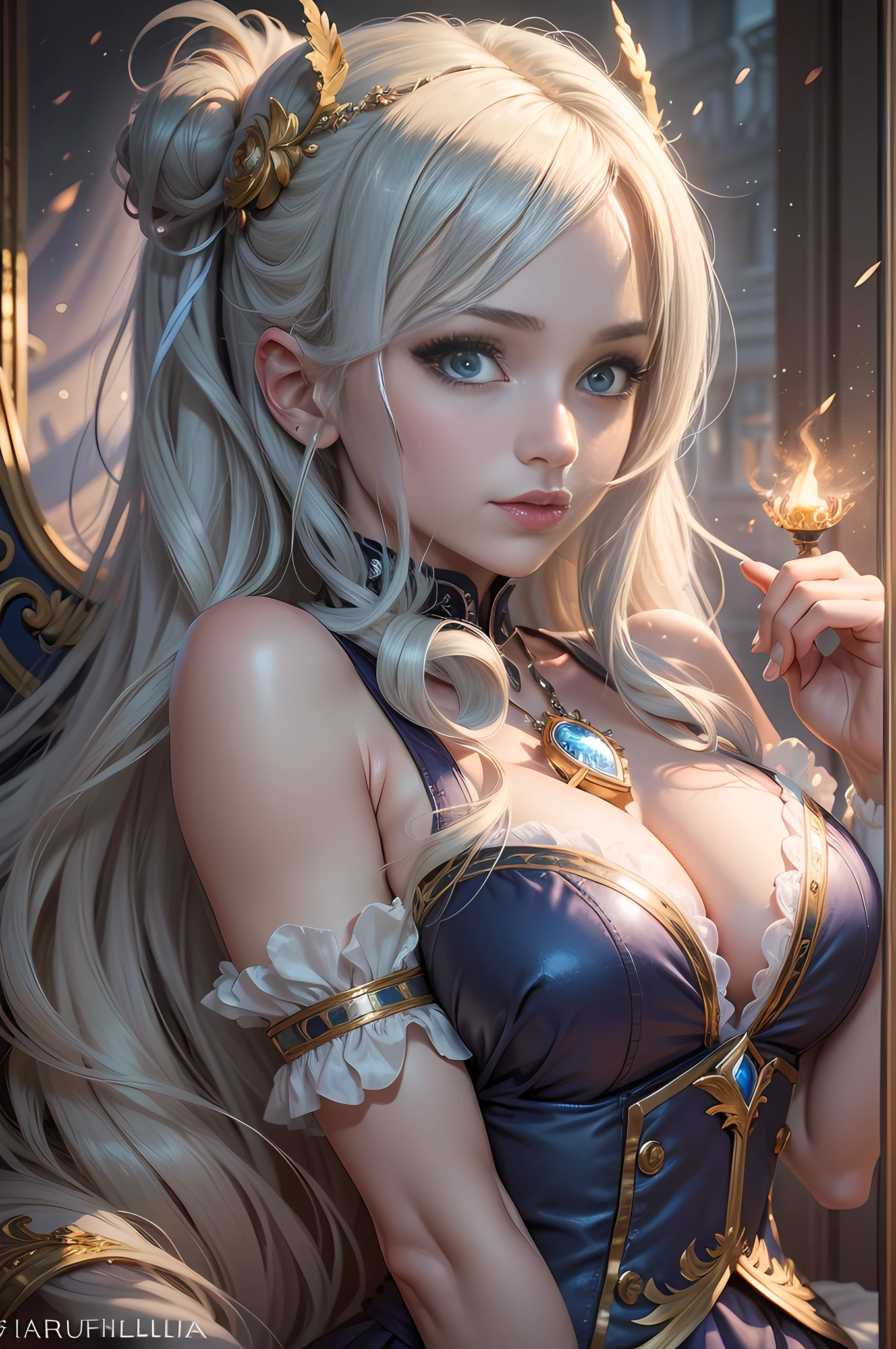 (best quality:1.3), (masterpiece:1.3), (detailed:1.3), 8K, captivating portrait of Lucy Heartfilia from the anime series "Fairy Tail." Her enchanting beauty is portrayed with meticulous attention to detail. The intricate lines of her hair, adorned with celestial keys, cascade gracefully around her shoulders. Her large, expressive eyes exude a mix of determination and vulnerability, capturing the essence of her character. The lighting accentuates her features, casting soft shadows that add depth and dimension to the image. The composition centers on her face, highlighting her charm and inner strength. The camera angle is slightly angled upwards, giving a sense of empowerment and emphasizing her role as a beloved protagonist. Every aspect of the artwork celebrates Lucy Heartfilia as a captivating anime character.