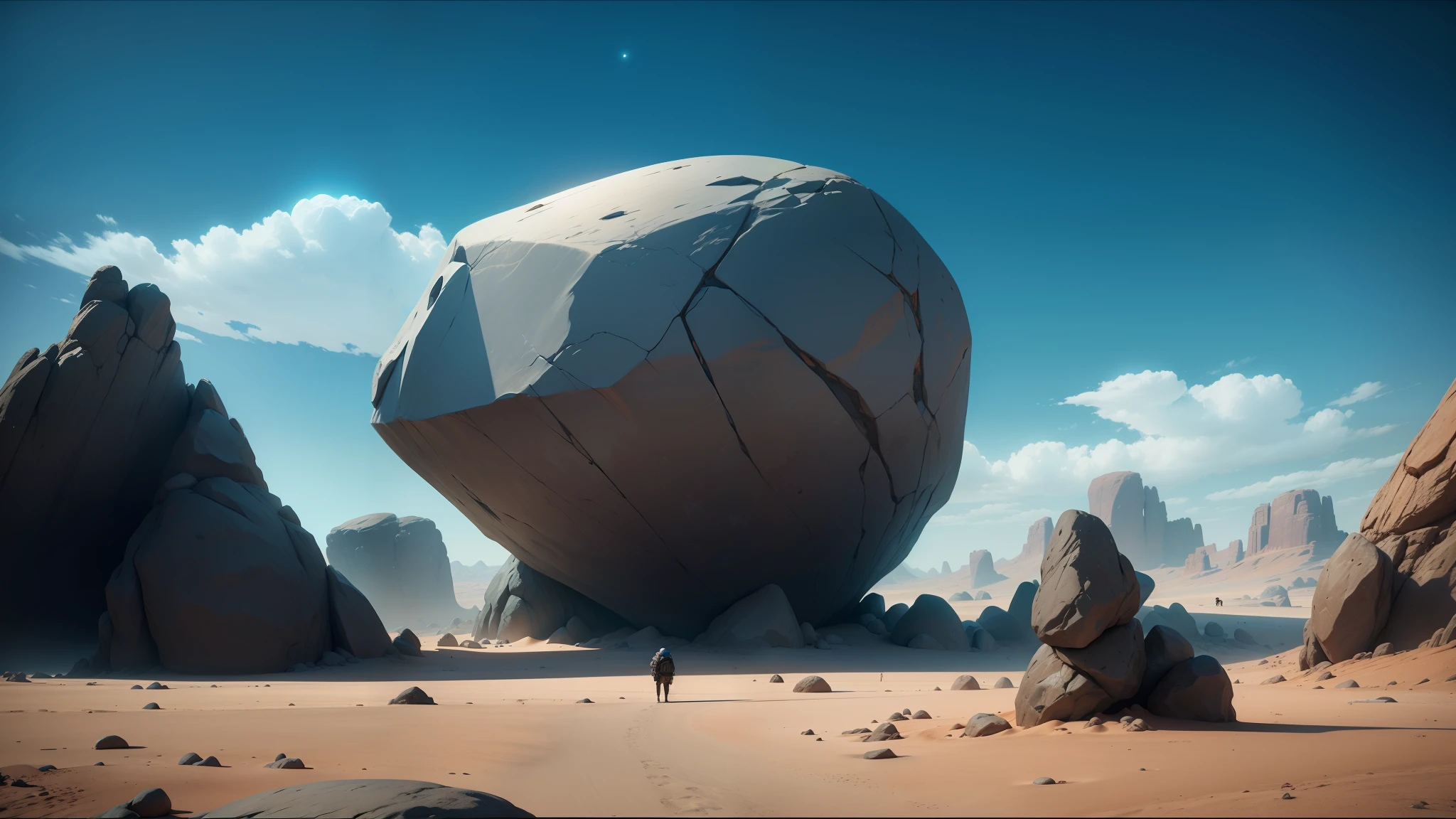 there is a large rock in the middle of a desert, unreal engine art, inspired by Hovsep Pushman, still from a music video, dune (2021), the artist has used bright, surreal clouds, boulders, two moons, inspired by Jozef Israëls