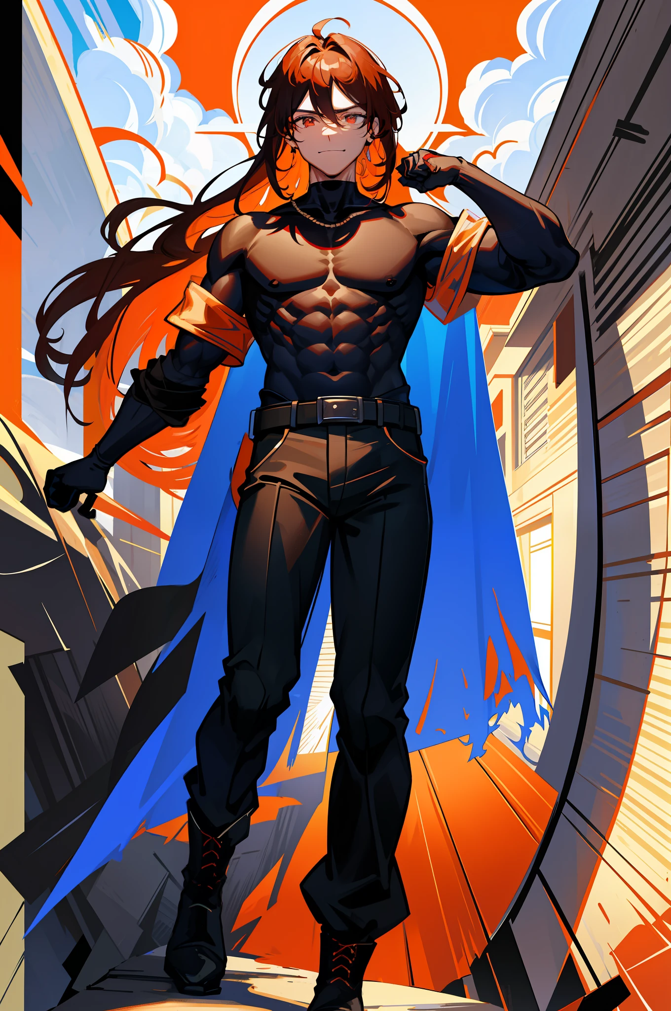 absurd, highres, ultra detailed), adult, handsome, high muscular face, broad shoulders, finely detailed eyes, long hair, orange red color, black shirt, detailed face, dark blue wide pants, best proportion, cold wave, smile, closed mouth, dark blue boot, athletic muscles, black eyes. Combat pose, detailed belt