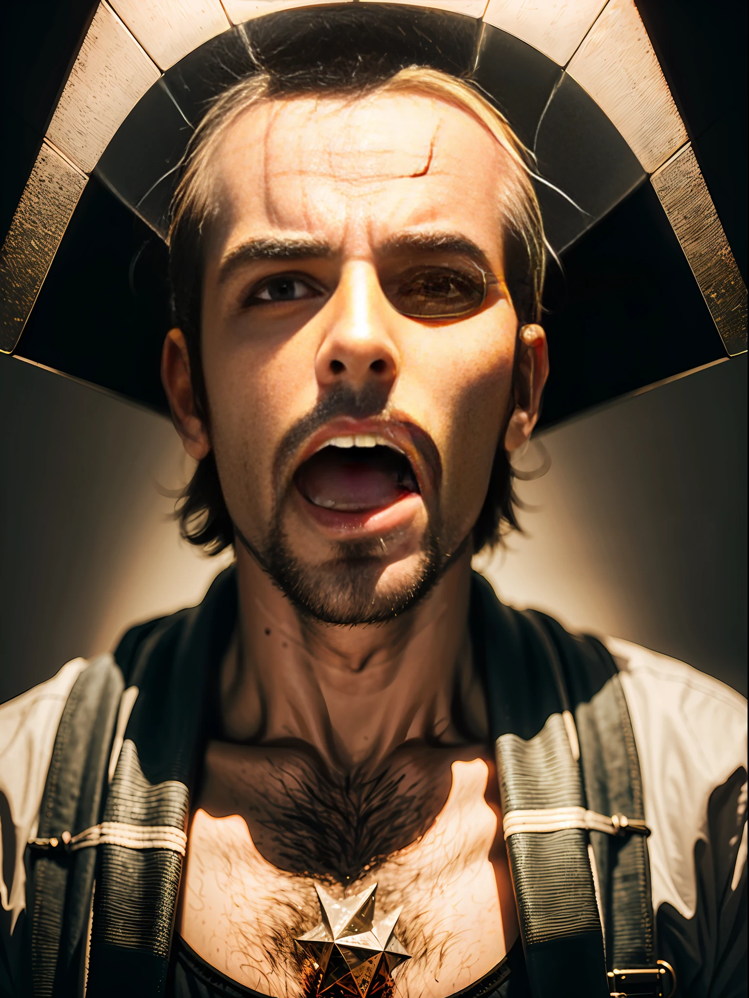 Drinking, entertainment, man, crazy, cracked mouth, mysterious, ancient, Bauhaus art, dramatic lighting, high resolution