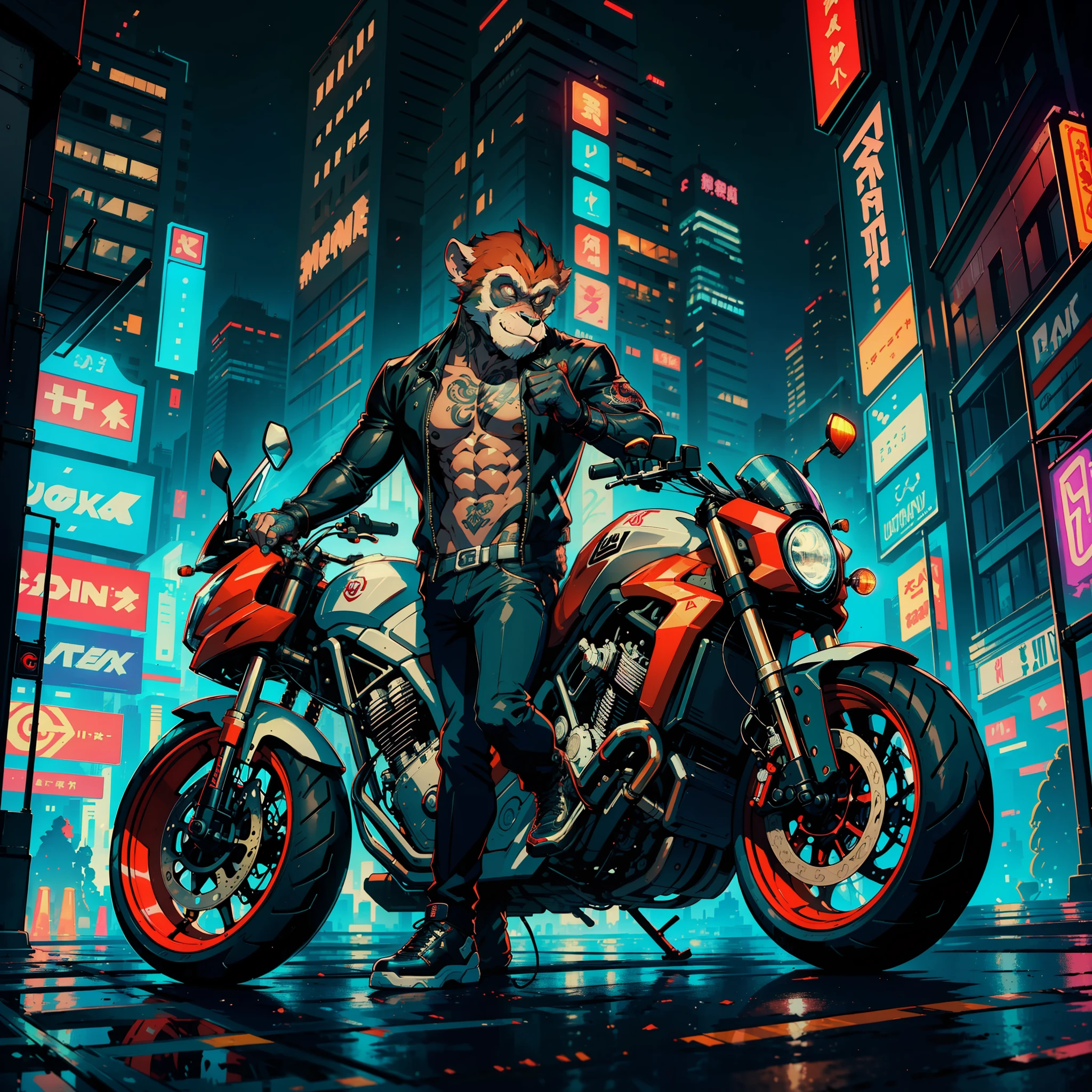 ((best quality)),((ultradetailed)), ((masterpiece)), illustration, Scene structure: Animal anthropomorphic monkey as gangster, with monkey face and human body. He's muscular and has tattoos all over his body. He rode a motorcycle through the city, behind him were tall buildings and neon lights. Cue composition: monkey gangsters, animal anthropomorphism, motorcycle riding, tattooed body, muscular build, cityscape, tall buildings, neon lights