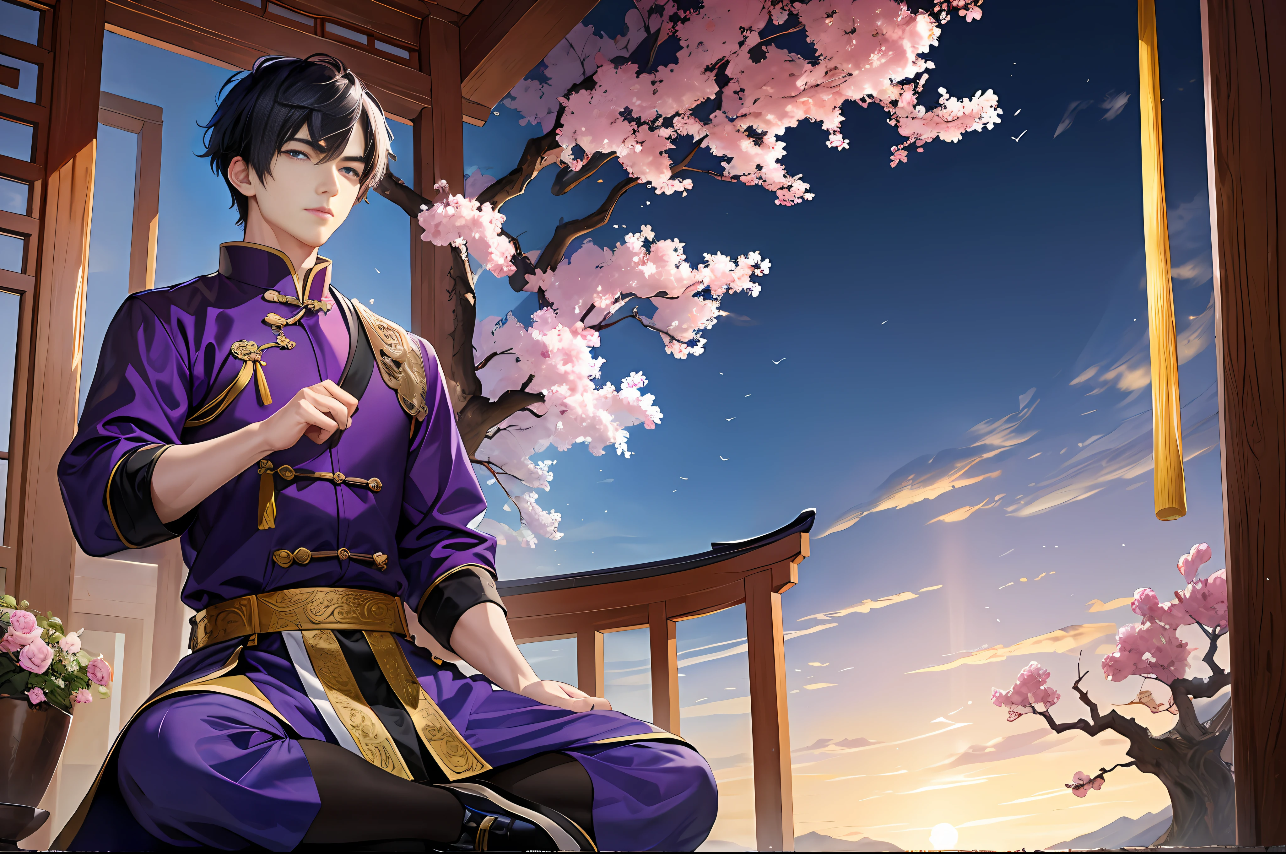 Masterpiece, Excellent, One Day, 1 person, 16 years old boy, Chinese style, ancient Chinese, young master, purple clothes, martial arts uniform, black hair, super short hair, blue eyes, split ends, handsome, masculine, gentle, Chinese, ancient style architecture.