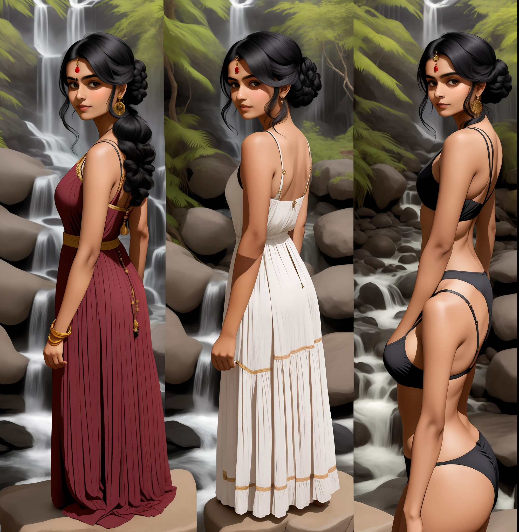 onoff, side-by-side photo,  Indian woman in a sundress, black hair, updo, waterfall