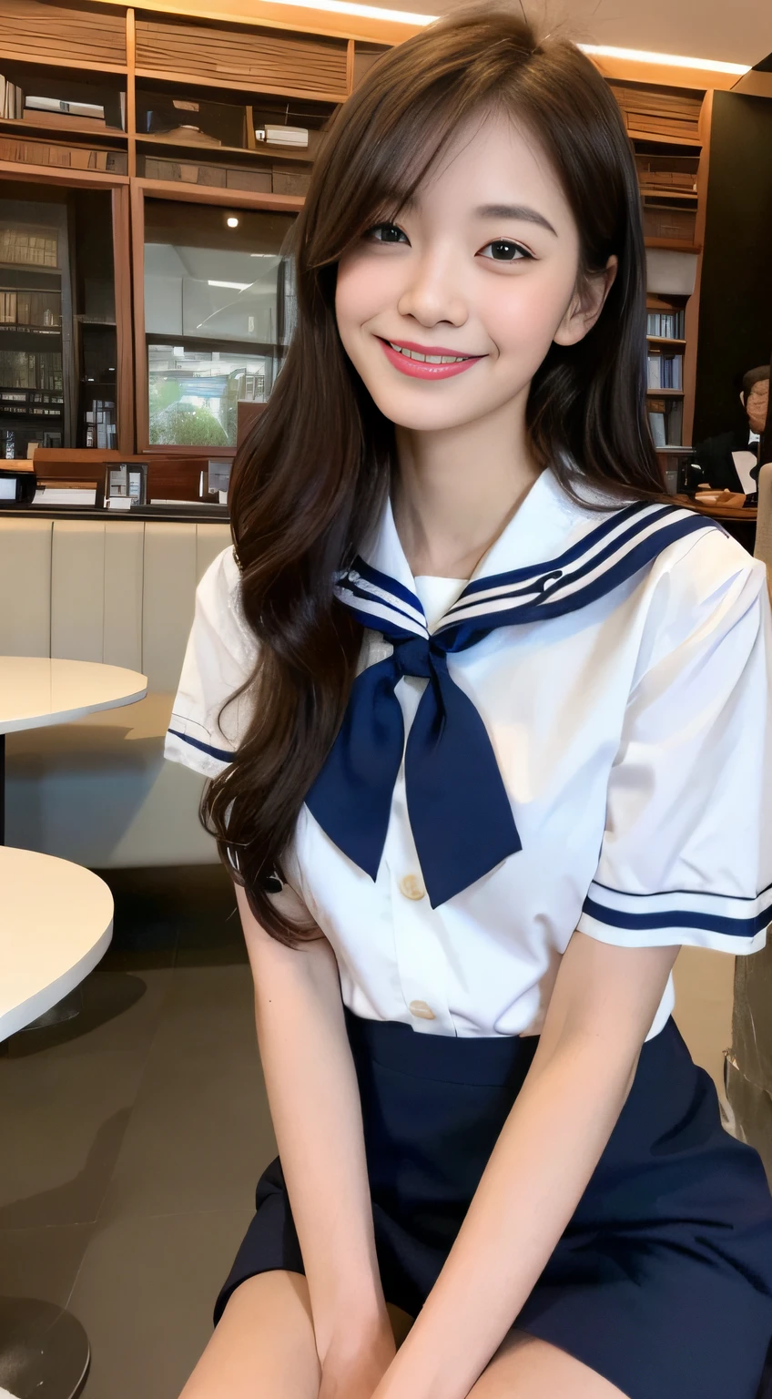 library, korean beauty, korean mix, realistic, ((best quality))), 8k, ((masterpiece)), (extremely delicate and beautiful), very detailed, ((very detailed face)), (very detailed eyes)), 8K, top quality, Masterpiece: 1.2), Super Detailed, 1 Girl, Small, Cute, Indie, Beautiful Details Sky, Detail Cafe, Evening, Seated, Date, (Red Nose), Sweet Smile, (Smile: 1.15), (Silently) Small Tits, Small Beautiful Detail Eyes, Italian, (Collar Shirt: 1.1), Sailor Suit, Night, Wet, Brown Business Dress, Rain, Long Hair, Brunette Hair, Flowing Hair, Nova Frog Style, Cat, Short Skirt, (Sit Straight), (Read a Book),