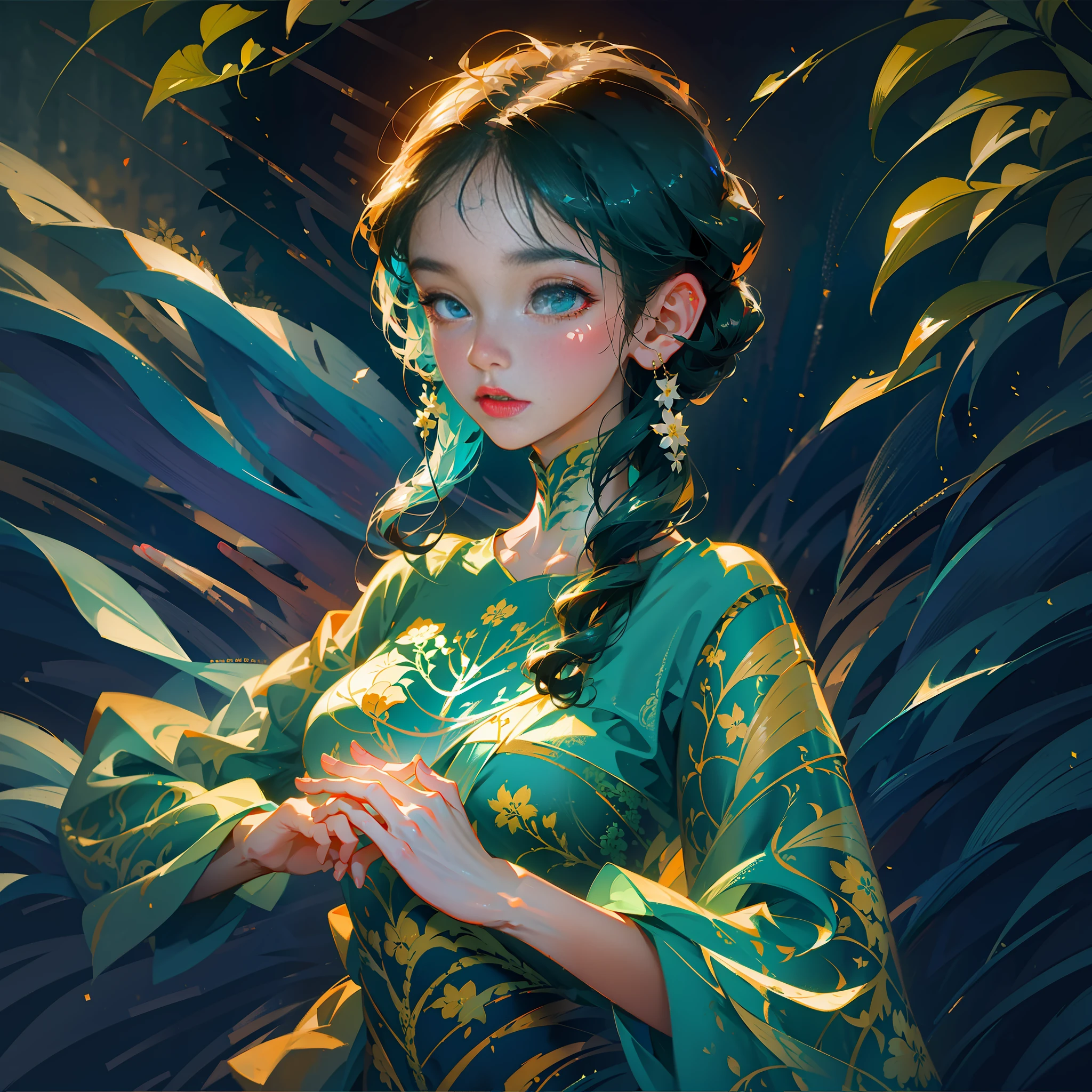 Girl surrounded by fish, close-up of avatar, natural expression, oil brush strokes, impressionist palette style, beauty, cyan, anime, decorative painting elements, depth of field lens, 8K quality, face light