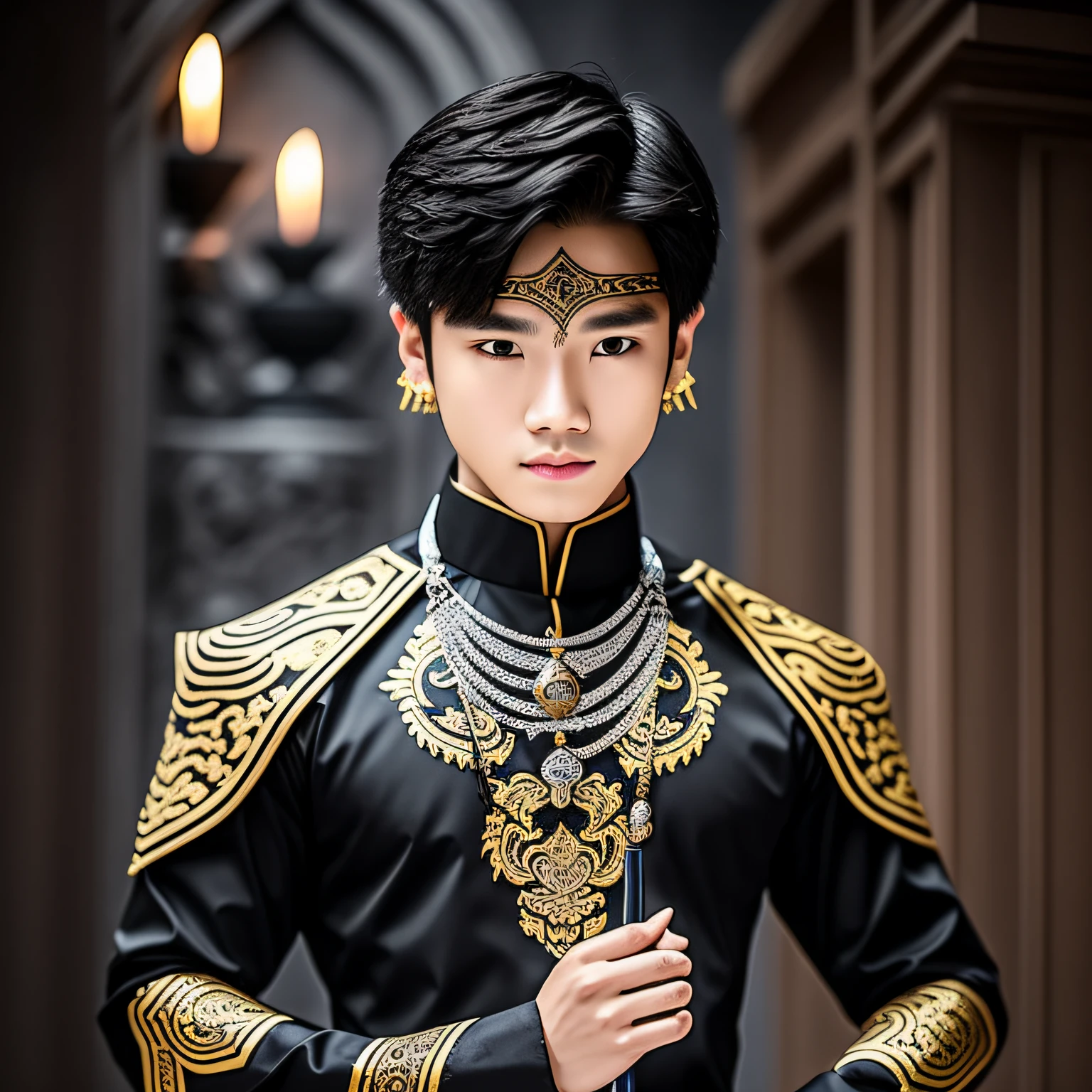 Create the image of a young boy of 20 years, Thai, handsome, who has silver and bright eyes, he is a sorcerer, from the narix up he wears a black mask and wears black gala clothes, behind him, rising in the night, has a Victorian mansion of stone.