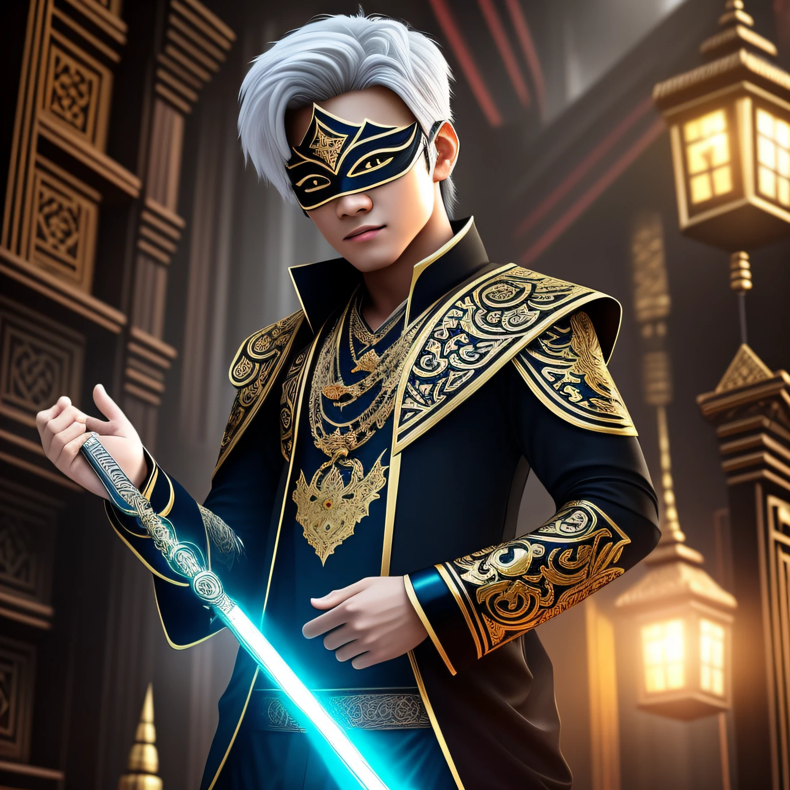 Create the image of a young boy of 20 years, Thai, handsome, who has silver and bright eyes, he is a sorcerer, from the narix up he wears a black mask and wears black gala clothes, behind him, rising in the night, has a Victorian mansion of stone.