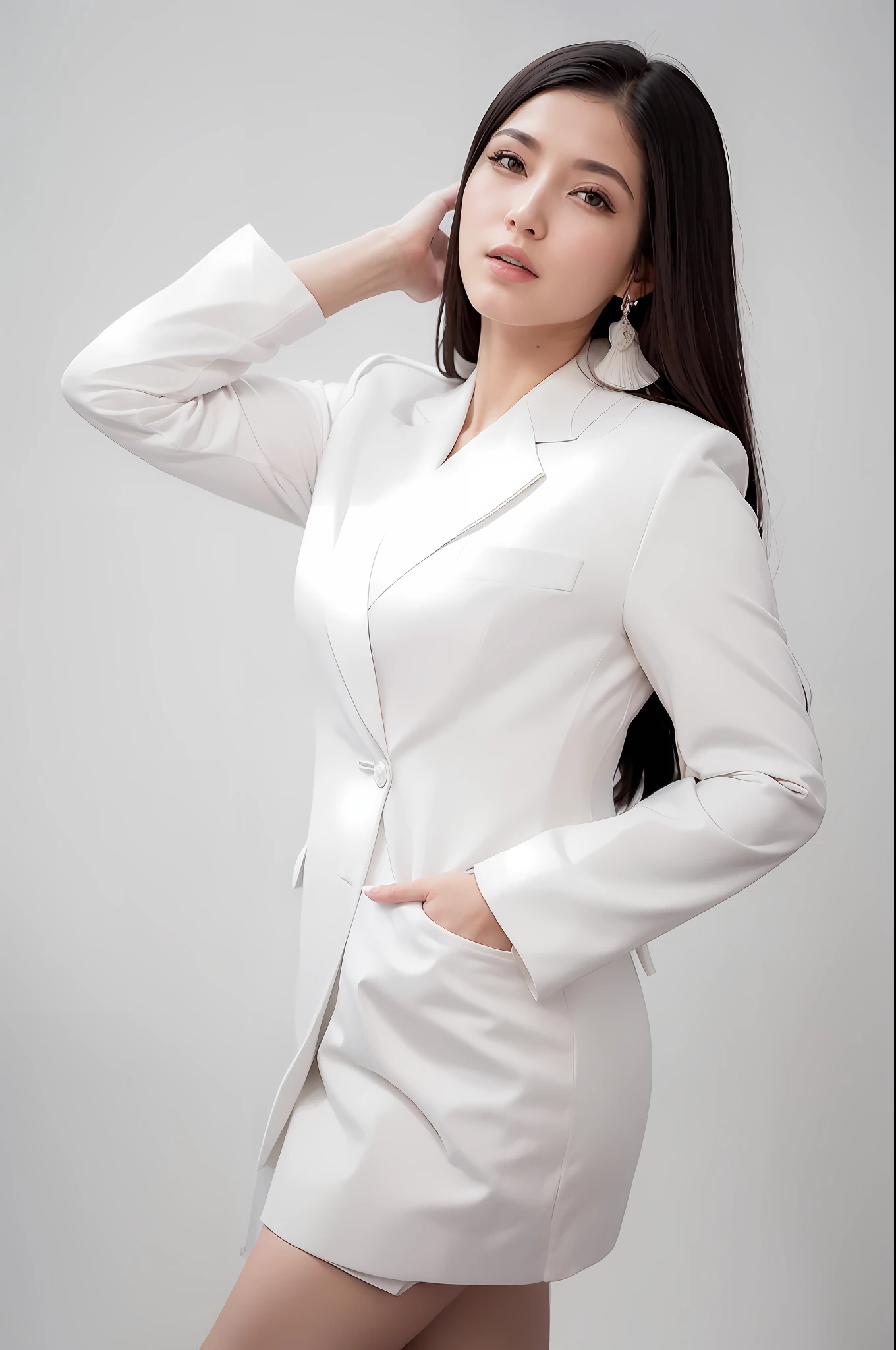 arafed woman in a white jacket and skirt posing for a picture, girl in suit, wearing white suit, white coat, girl in a suit, white jacket, white suit, full body xianxia, a beautiful woman in white, elegant suit, wearing business suit, elegant confident pose, woman in business suit, woman model, in white clothes