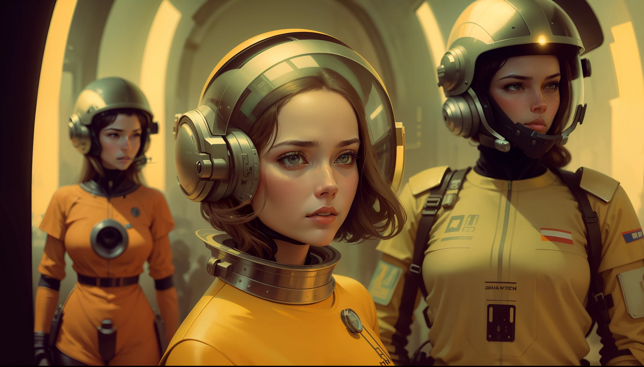 a painting of a woman wearing a helmet surrounded by other women, an ultrafine detailed painting by Don Maitz, cgsociety, retrofuturism, sci-fi, dystopian art, ilya kuvshinov