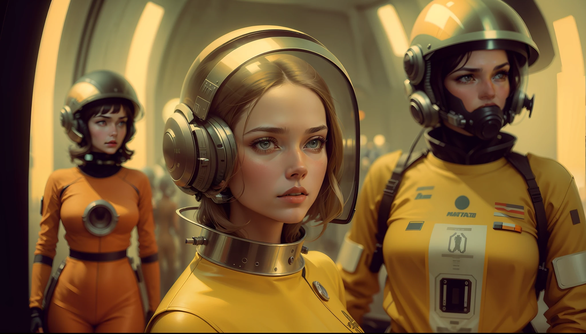a painting of a woman wearing a helmet surrounded by other women, an ultrafine detailed painting by Don Maitz, cgsociety, retrofuturism, sci-fi, dystopian art, ilya kuvshinov