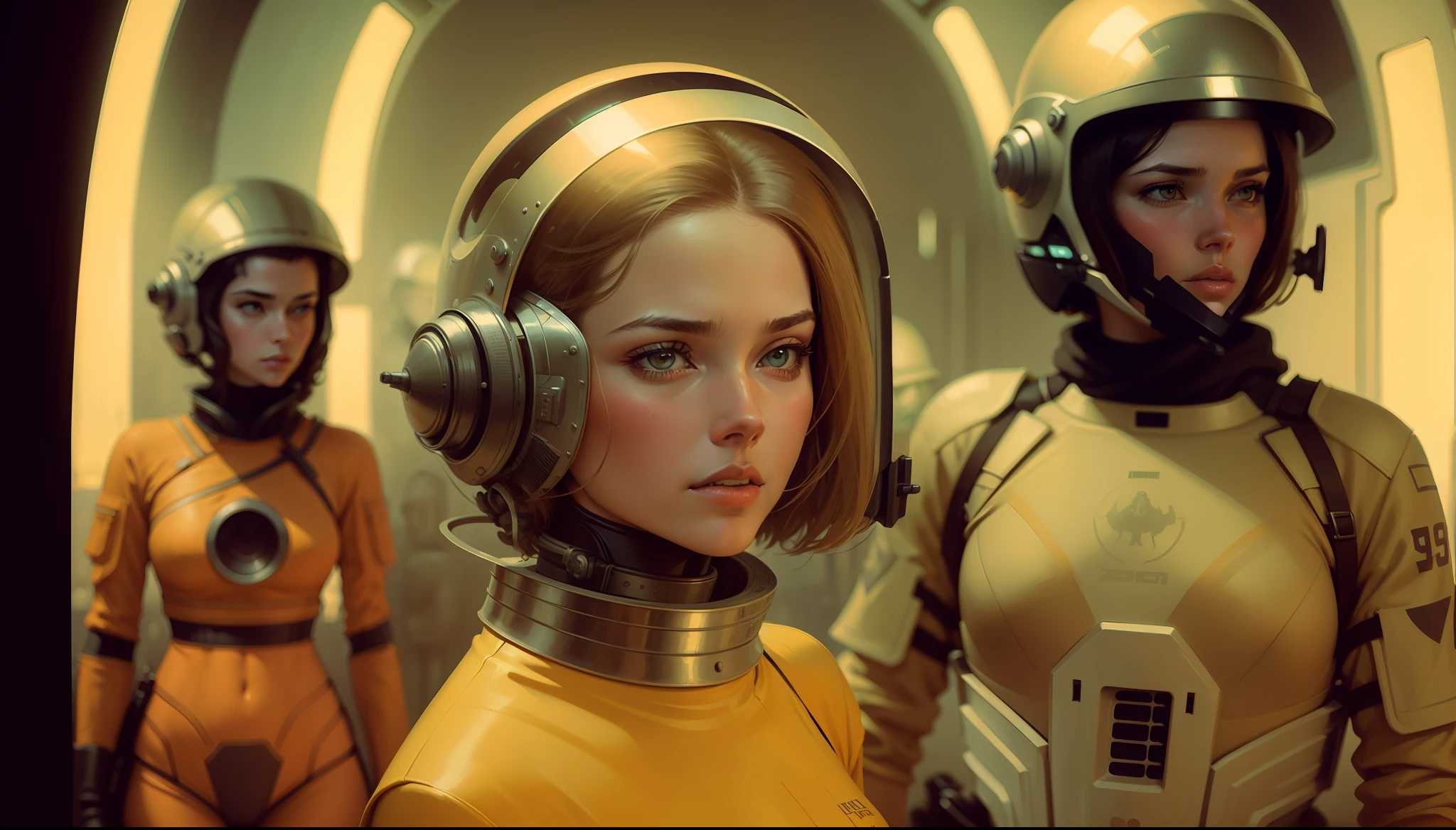 a painting of a woman wearing a helmet surrounded by other women, an ultrafine detailed painting by Don Maitz, cgsociety, retrofuturism, sci-fi, dystopian art, ilya kuvshinov