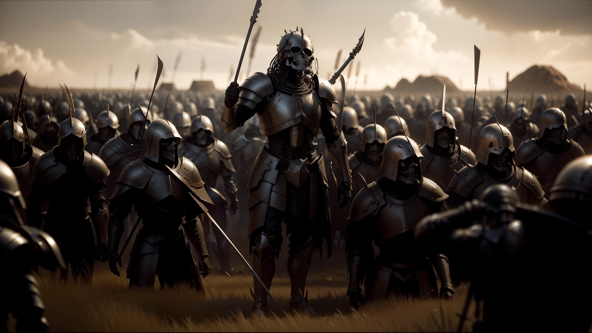 arafed image of a group of people in armor standing in a field, still frame from prometheus, undead skeleton king, 3d cgi, roger deakin's cinematography, machinarium, aftermath of a huge battle, by David Park, skeleton king, by roger deakins, miners