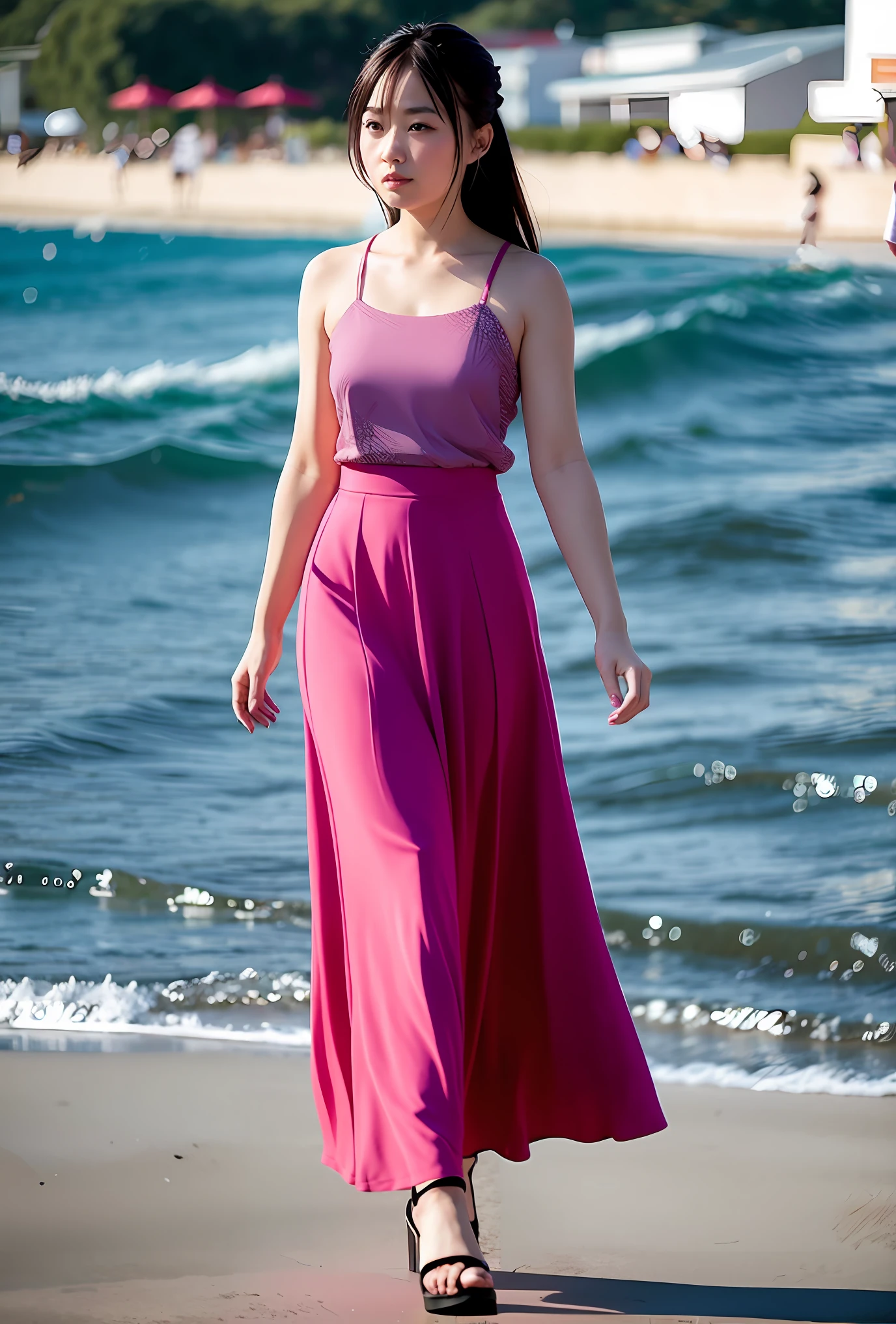 In the evening, a beautiful Chinese girl, wearing a long skirt, walking by the sea, modern style, facing the audience, movie perspective