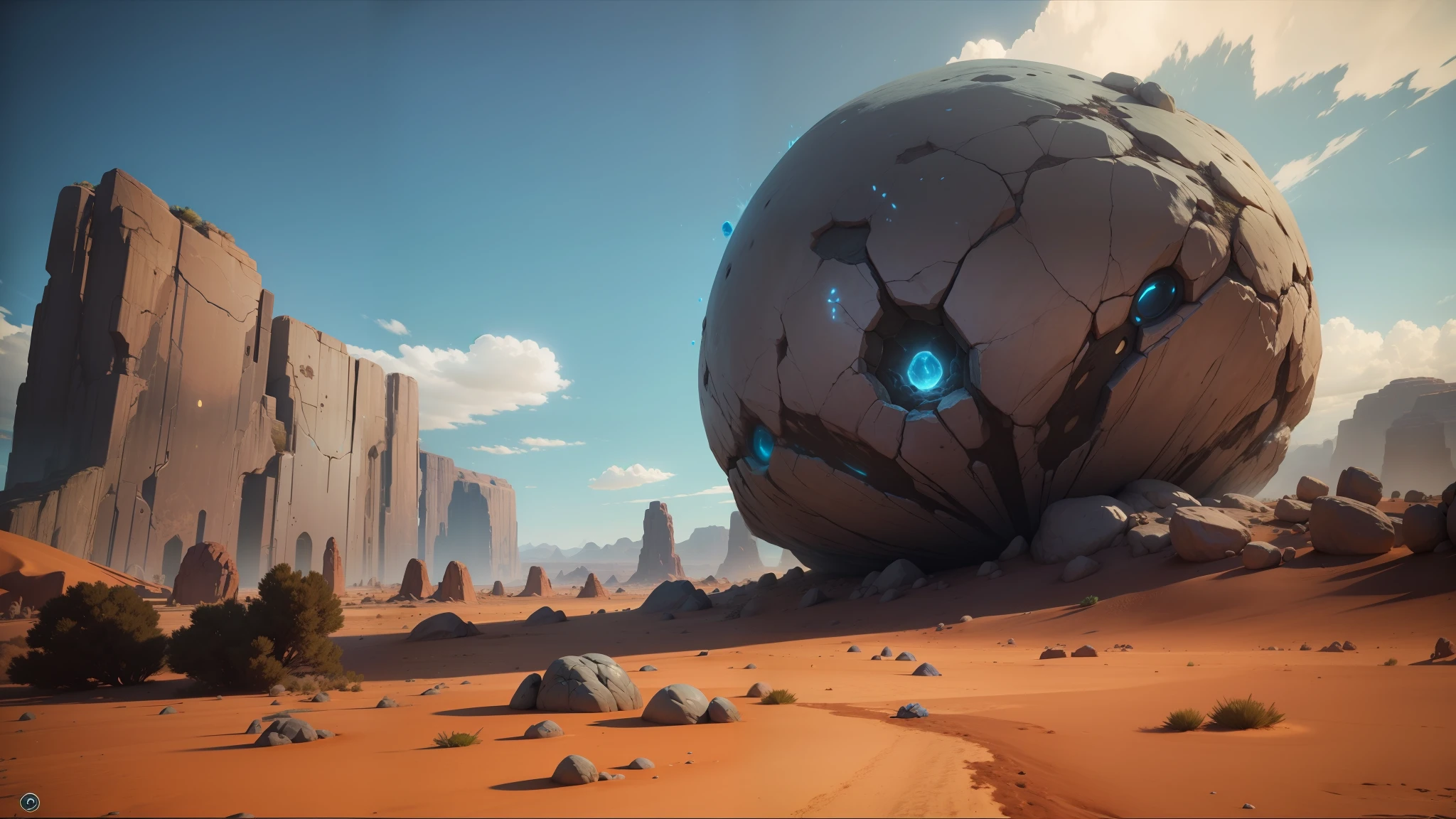 there is a large rock in the middle of a desert, blue face unreal engine, biopunk, gameplay screenshot, aquarius, in-game screenshot, the witness, energy core, official screenshot, by Kevin Connor, stranded, giant ethereal creature, geode, 2019, 2018, atoms, no foliage