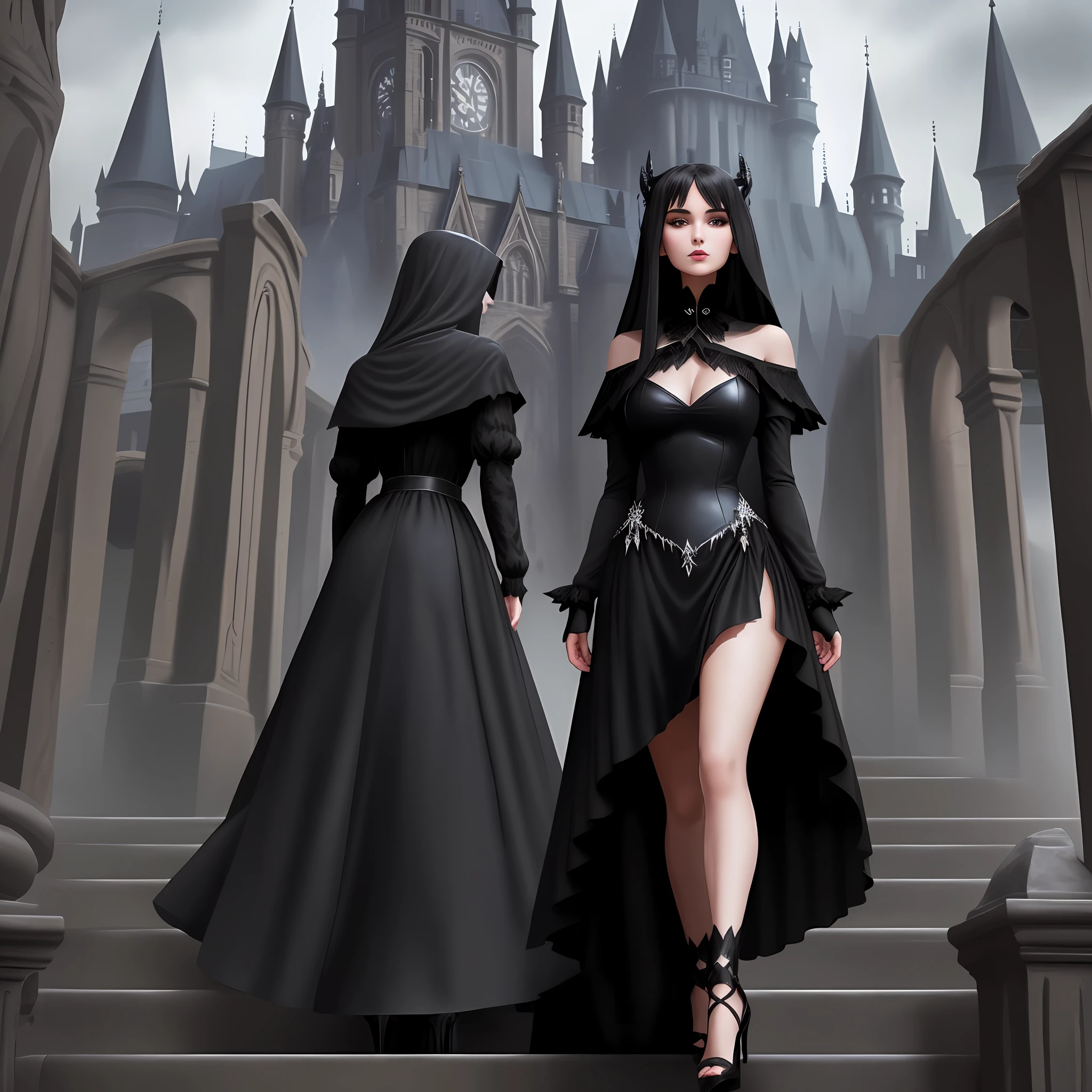 Black Dark Princess Short Dress, Devil's Veil, Dark Princess, Beautiful Face, Perfect Figure, Beauty, Black Stockings, Black High Heels, Highest Quality, Dark Castle in the background,