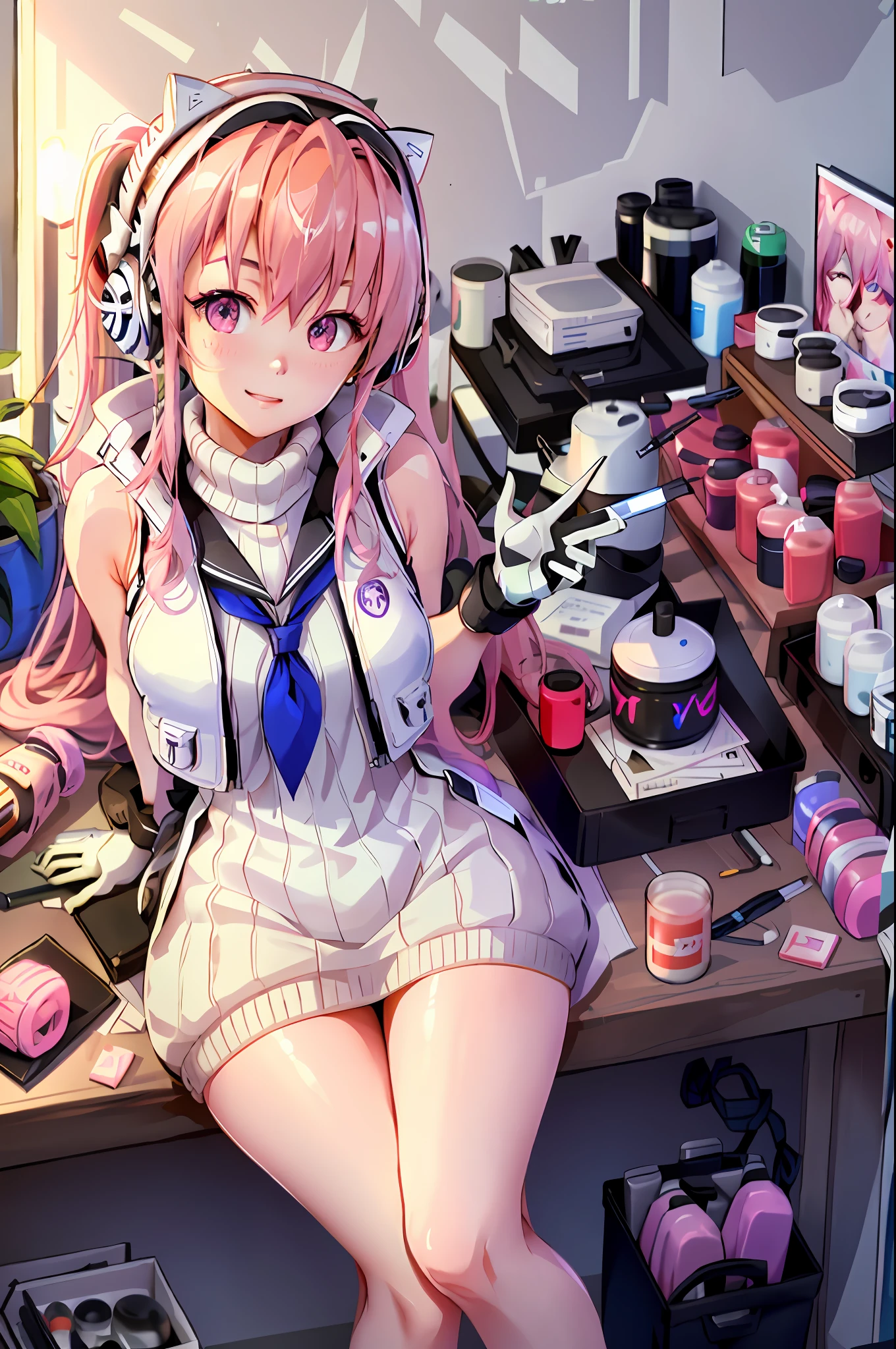 masterpiece, highres, 1girl, goddess of victory: nikke, pepper_(nikke), ペッパー(勝利の女神_NIKKE), beautiful face, detailed face, pink hair, bangs, headphones, gloves, blue neckerchief, sweater, thighs, blush, smile, large breasts, full body, bare shoulders, eyebrows visible through hair, headgear, long hair, looking at viewer, sweater dress, vest, standing
