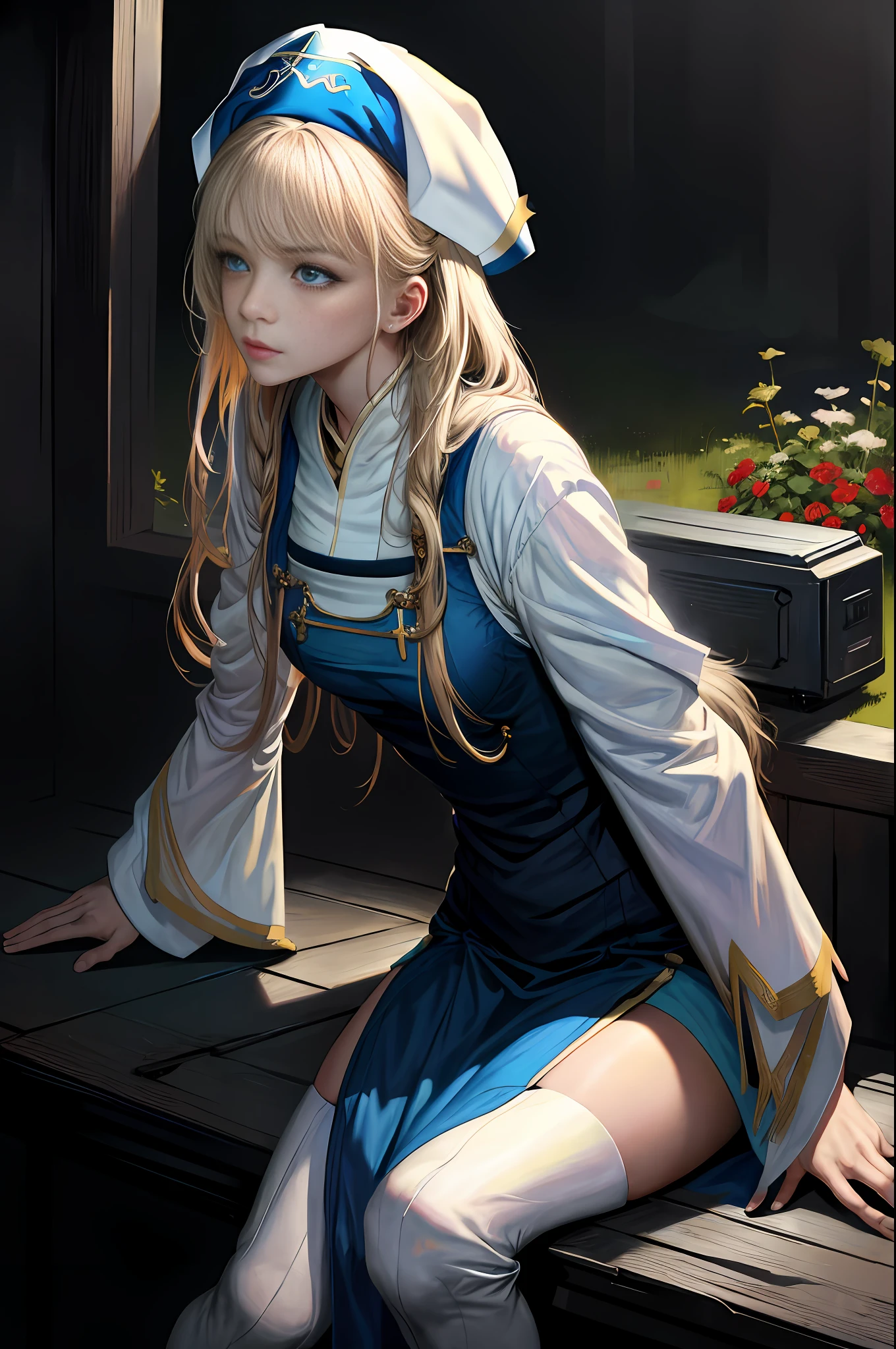 masterpiece, realistic, realism, photorealism, high contrast, photorealistic digital art trending on Artstation 8k HD high definition detailed realistic, young beautiful woman, petite, very small perky breasts, ((blue eyes)), blonde knee long hair, tight white boots, white knee high socks, ((priestess)), parted lips, art by artgerm and ruan jia and greg rutkowski surreal painting, detailed, skin texture, hyper-detailed, realistic skin texture, side view, garden, praying, head down, sitting,