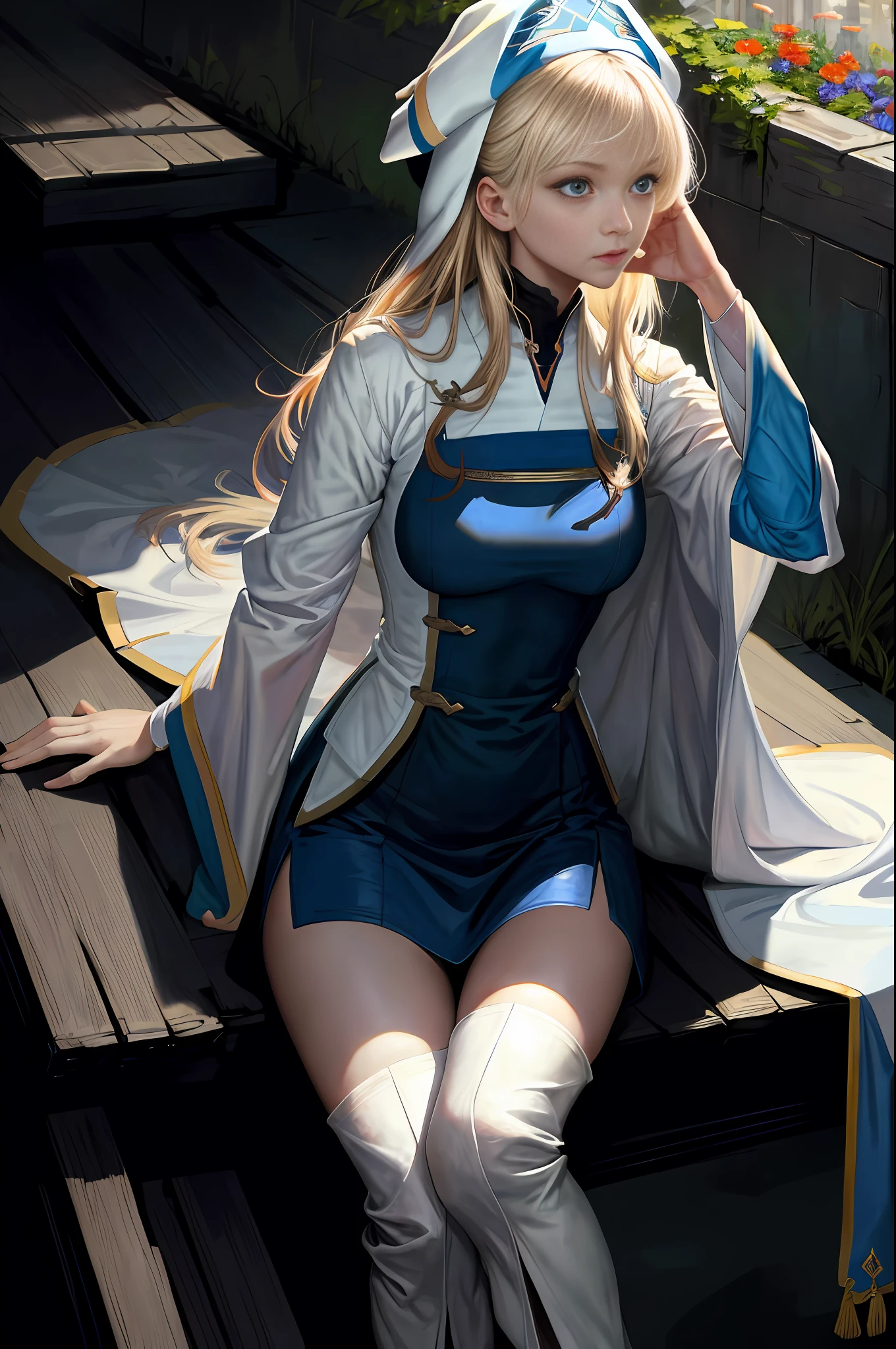 masterpiece, realistic, realism, photorealism, high contrast, photorealistic digital art trending on Artstation 8k HD high definition detailed realistic, young beautiful woman, petite, very small perky breasts, ((blue eyes)), blonde knee long hair, tight white boots, white knee high socks, ((priestess)), parted lips, art by artgerm and ruan jia and greg rutkowski surreal painting, detailed, skin texture, hyper-detailed, realistic skin texture, side view, garden, praying, head down, sitting,