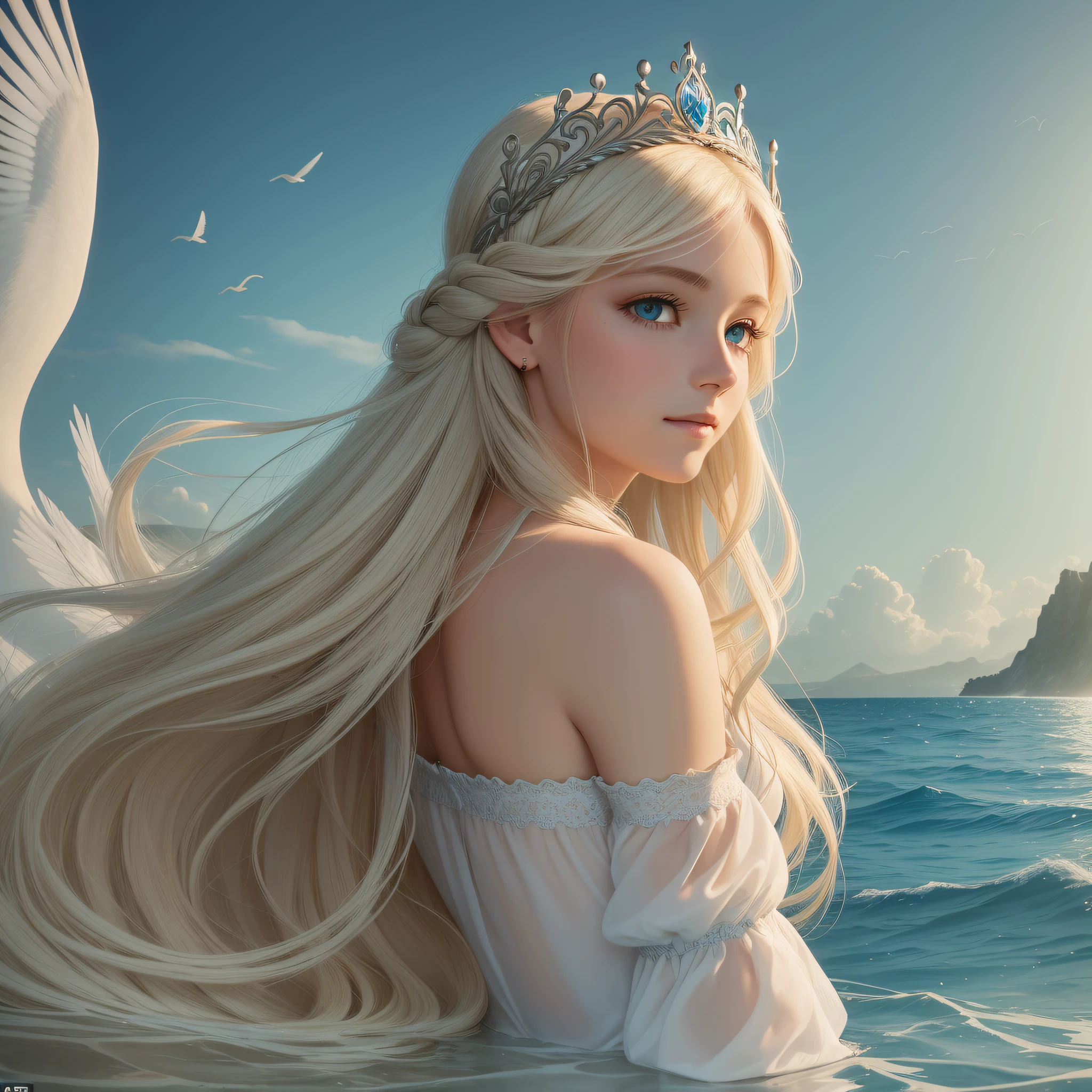 there is one girl coming out of the sea, the Swan Princess from Russian mythology, a beautiful calm face, blue eyes, blond long hair braided into one braid, the moon moon is woven into the hair on the back of the head, white old Russian shining clothes, a kokoshnik crown on her head, an affectionate look, a half-smile, a gentle expression on his face, a background seascape and sunlight, seagulls in the sky, full-length, Photorealism