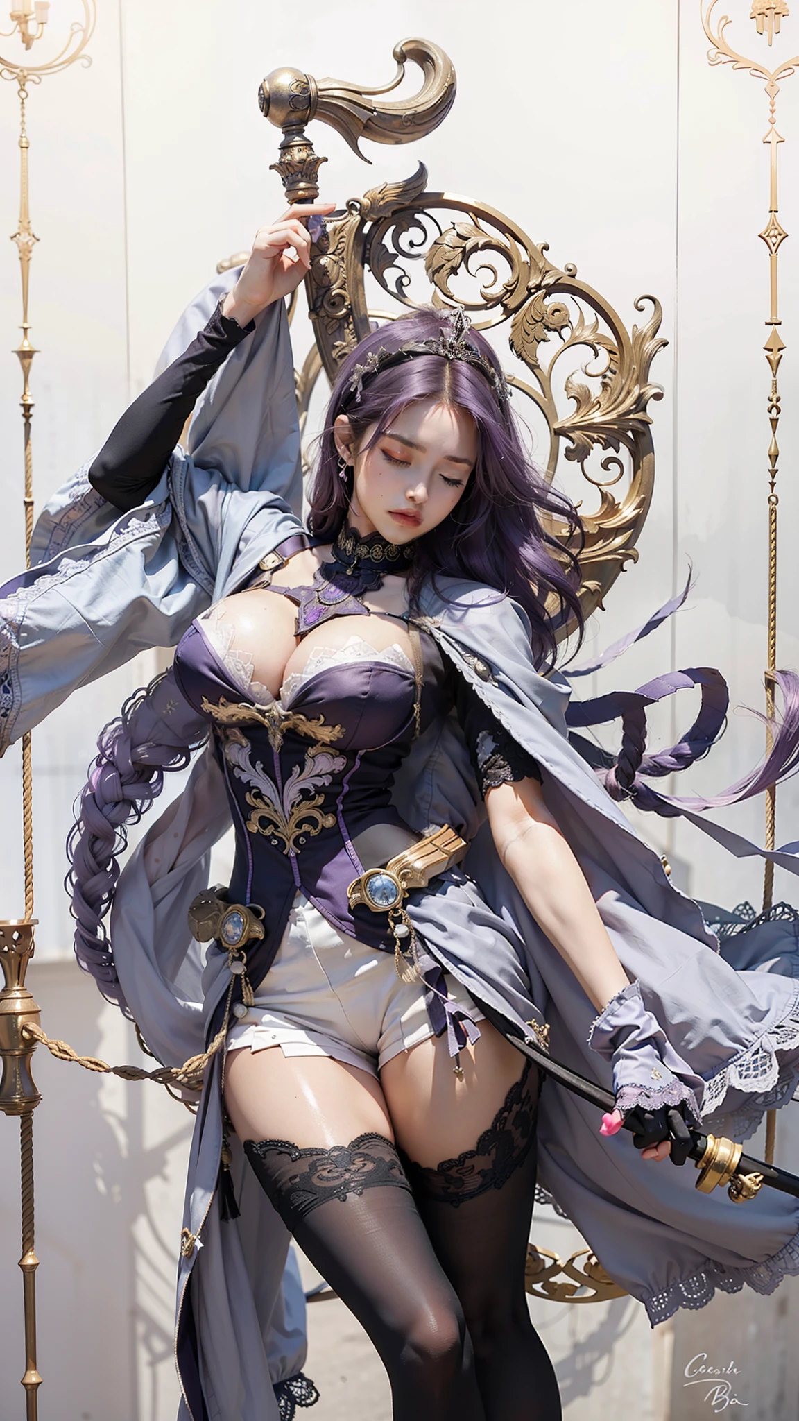 Best quality, masterpiece, big ?????, (?????????????), detailed skin texture, detailed cloth texture, detailed face, super detail, 8k, intricate detail, 1girl, purple hair, closed eyes