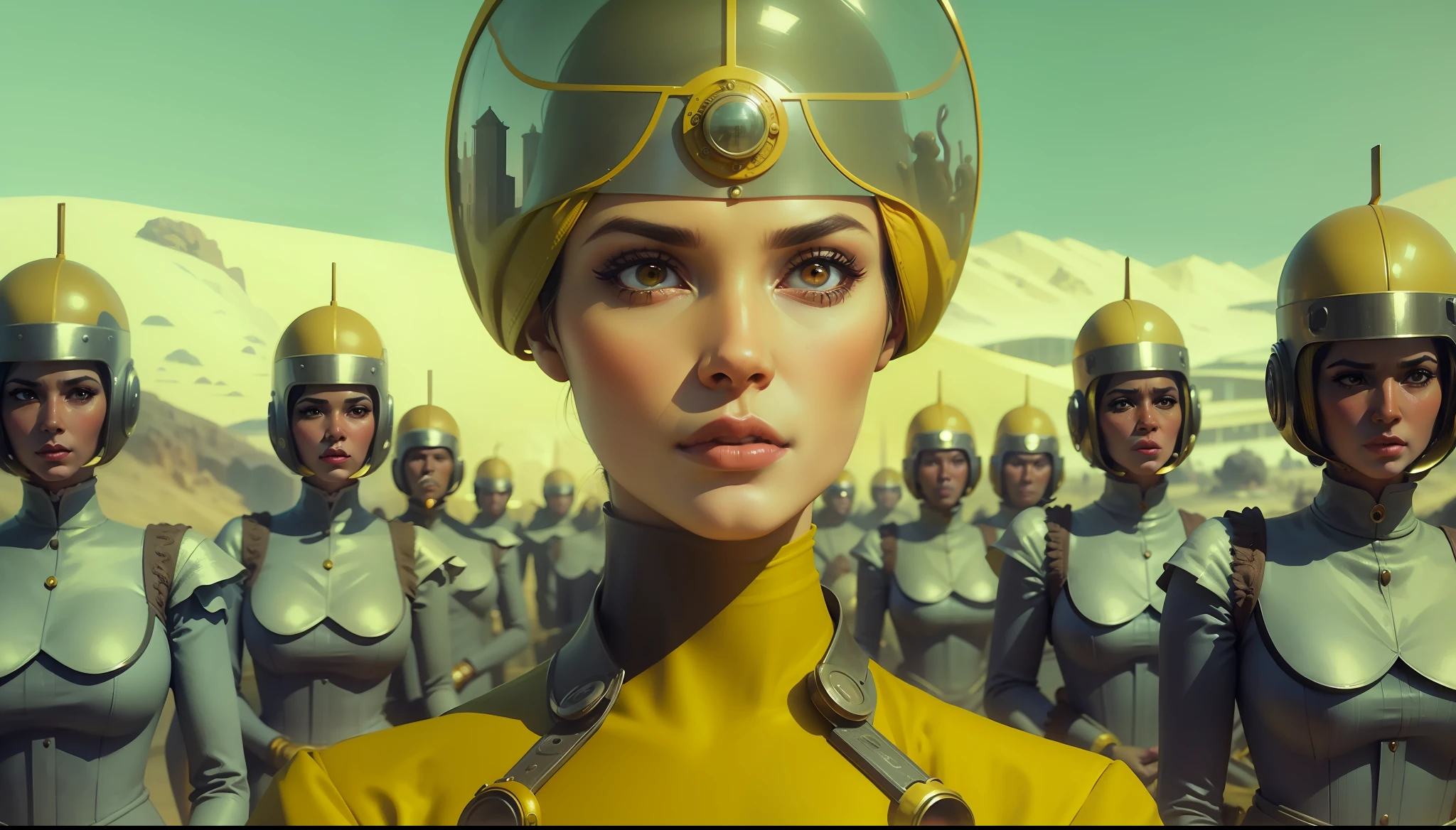 a woman in a yellow dress surrounded by monkeys, a matte painting by Wes Anderson, behance, retrofuturism, 1970s, reimagined by industrial light and magic, furaffinity