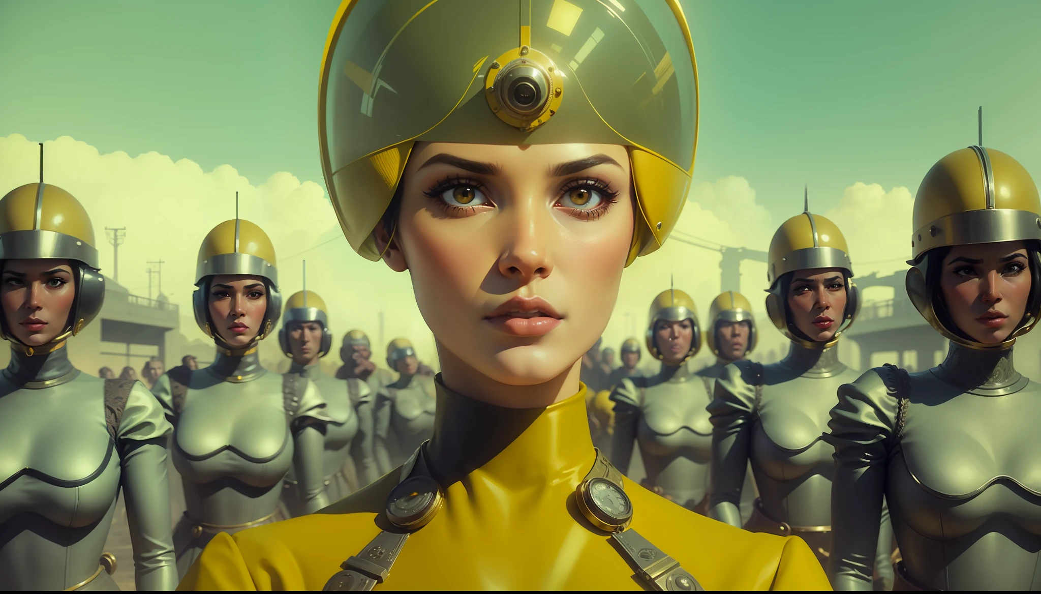a woman in a yellow dress surrounded by monkeys, a matte painting by Wes Anderson, behance, retrofuturism, 1970s, reimagined by industrial light and magic, furaffinity